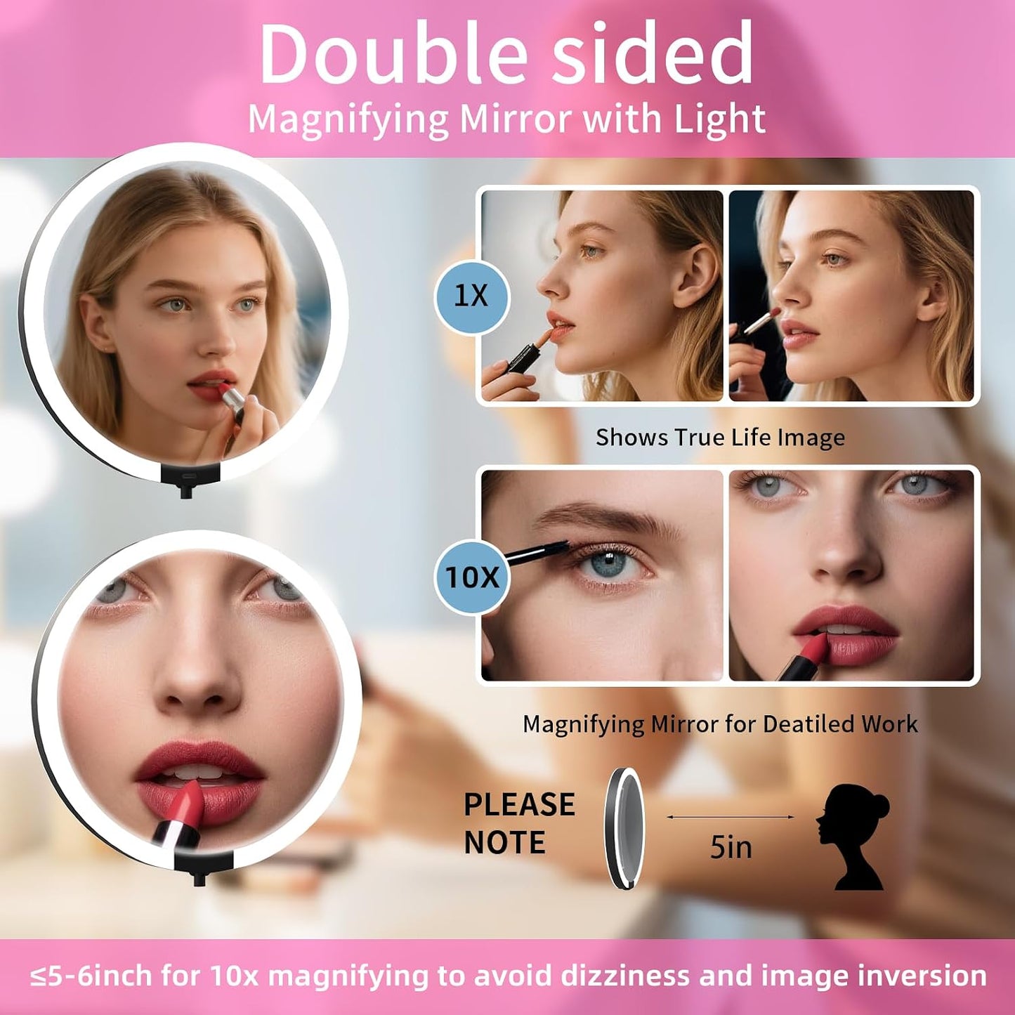 Magnifying Makeup Mirror with Light - 10X/1X Double-Sided, Rechargeable, 6-Inch Foldable Design | 3 Color Dimming