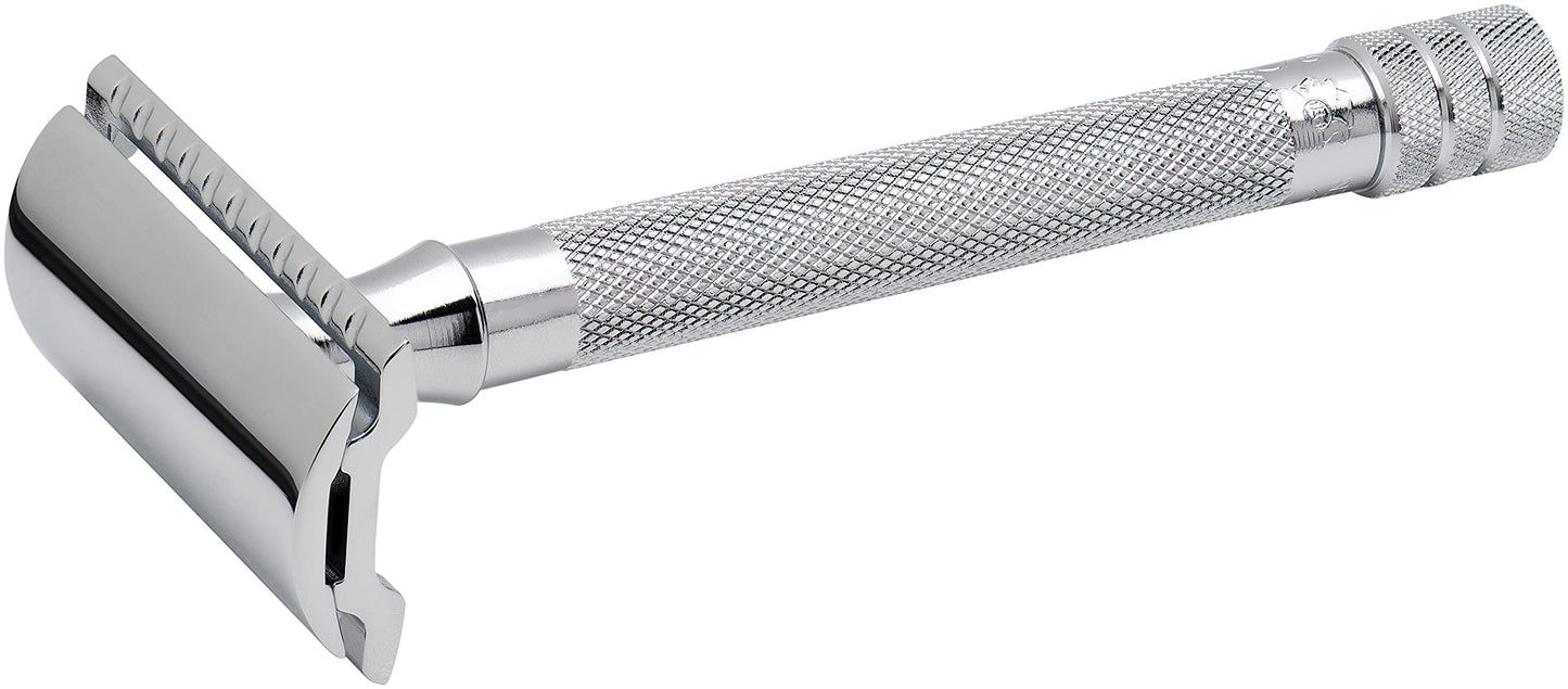 MERKUR 23C Double Edge Safety Razor - Polished Chrome, Long Knurled Brass Handle, Made in Germany, Plastic-Free, Three Piece Design, Closed Comb, Straight Bar