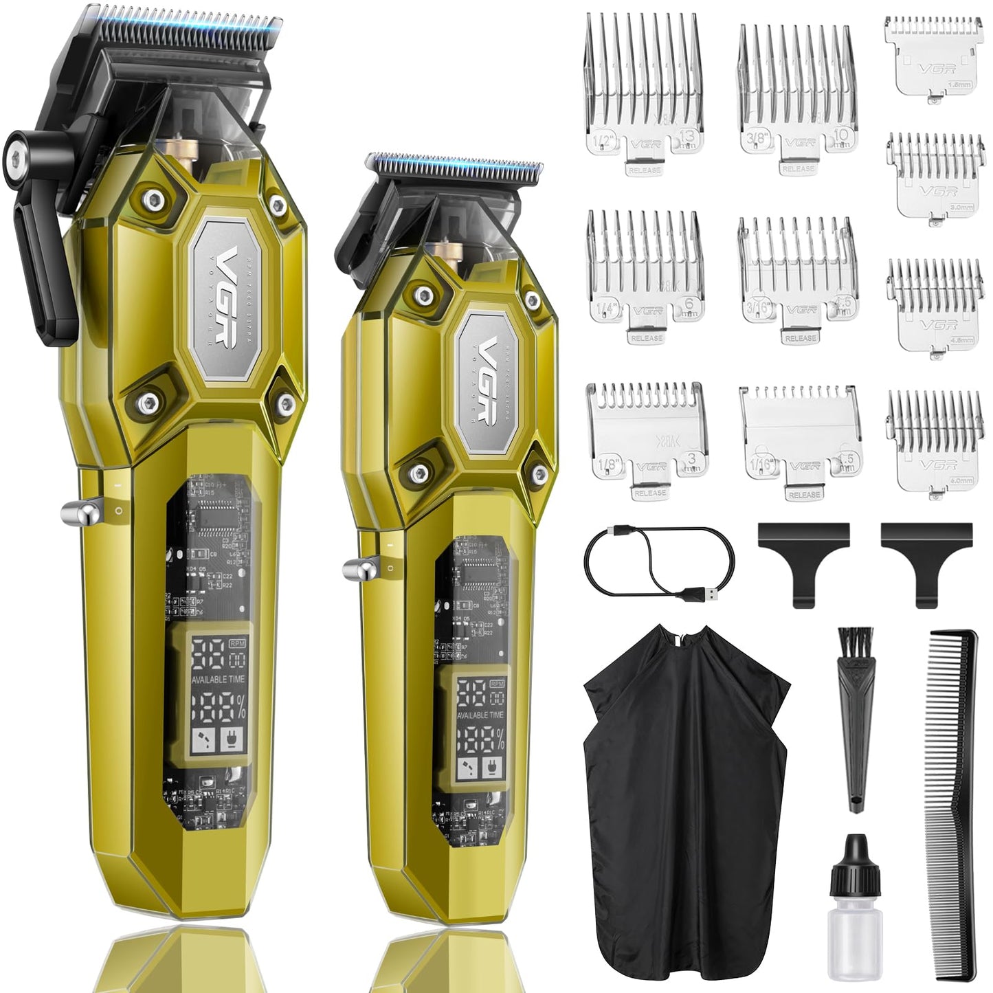 VGR Professional Hair Clippers for Men, Cordless Barber Clippers and Trimmers Set, Mens Hair Cutting Kit with 10 Guide Combs, USB Rechargeable Haircut Machine for Family, LED Display, Gold