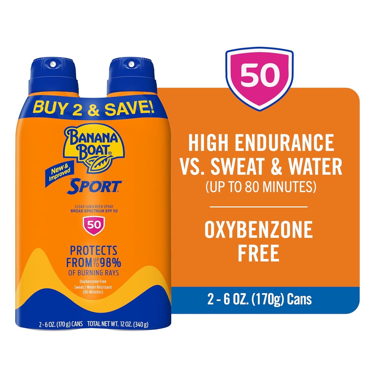 Banana Boat Sport Ultra SPF 50 Sunscreen Spray - Water Resistant, Oxybenzone Free | 6oz Twin Pack