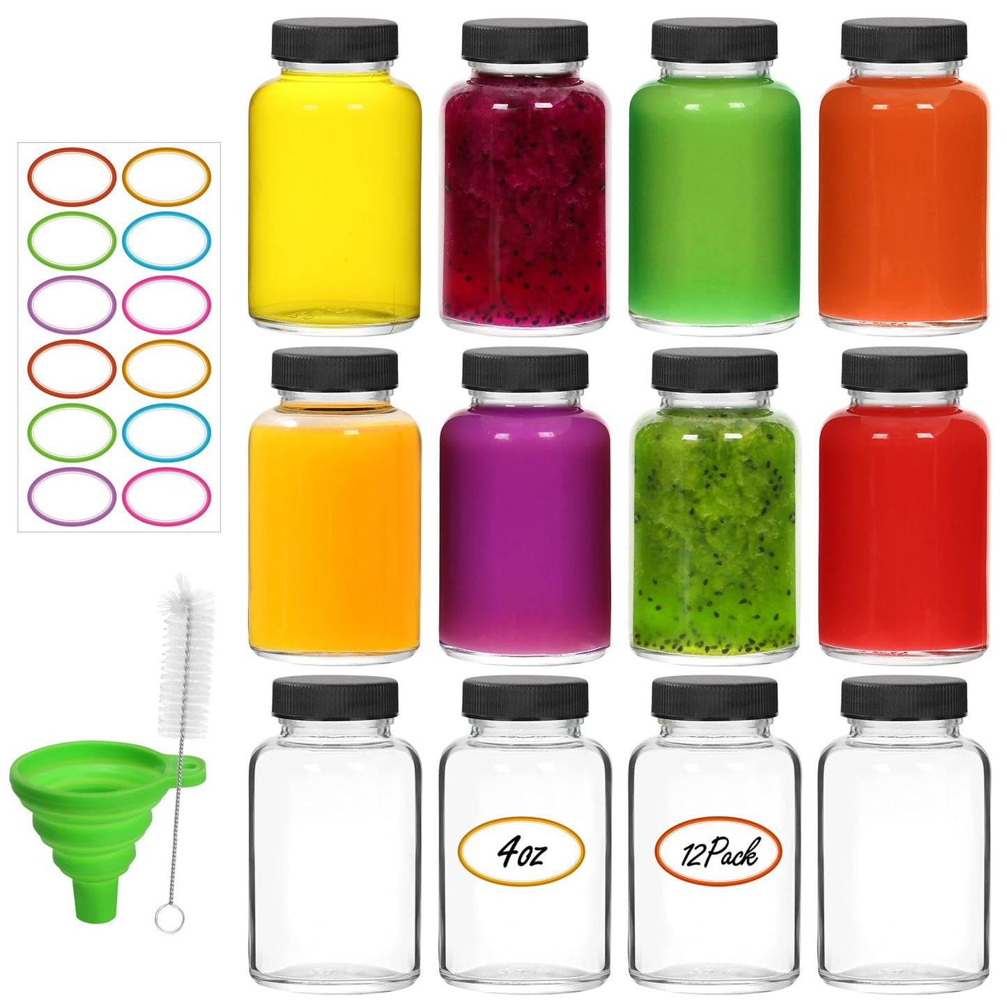 EkkoVla 12 Pack 4 OZ Glass Shot Bottles with Lids
