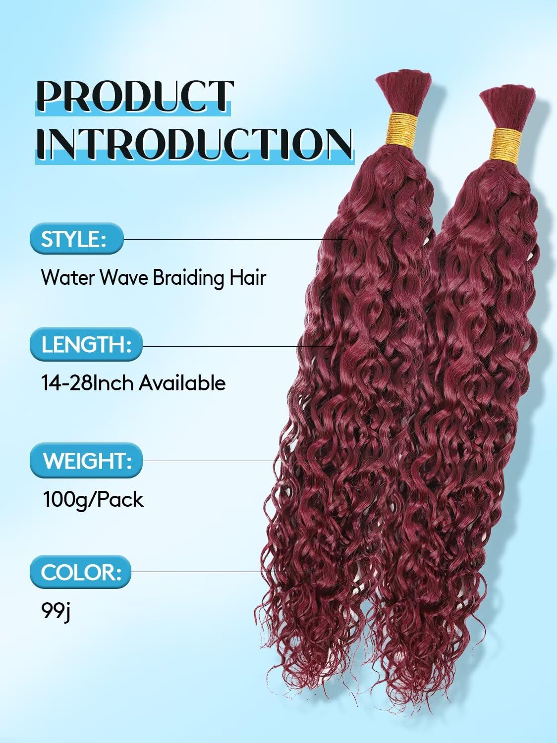 100% Unprocessed Human Hair - #99J Burgundy Curly Bulk Hair Extensions | 16 Inch, 100g, 2 Bundles