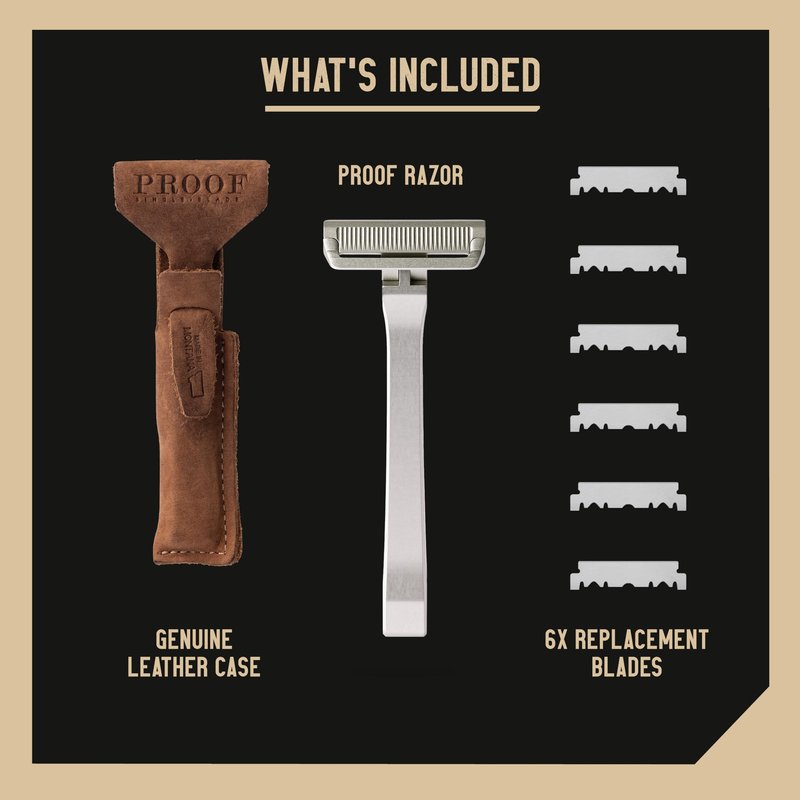 Proof Benchmark 1.0 Single Blade Razor for Men, Machined Aluminum Metal, Made in USA Single Edge Safety Razor with Pivoting Head & Magnetic Cap for Easy Blade Replacement, Includes Leather Case