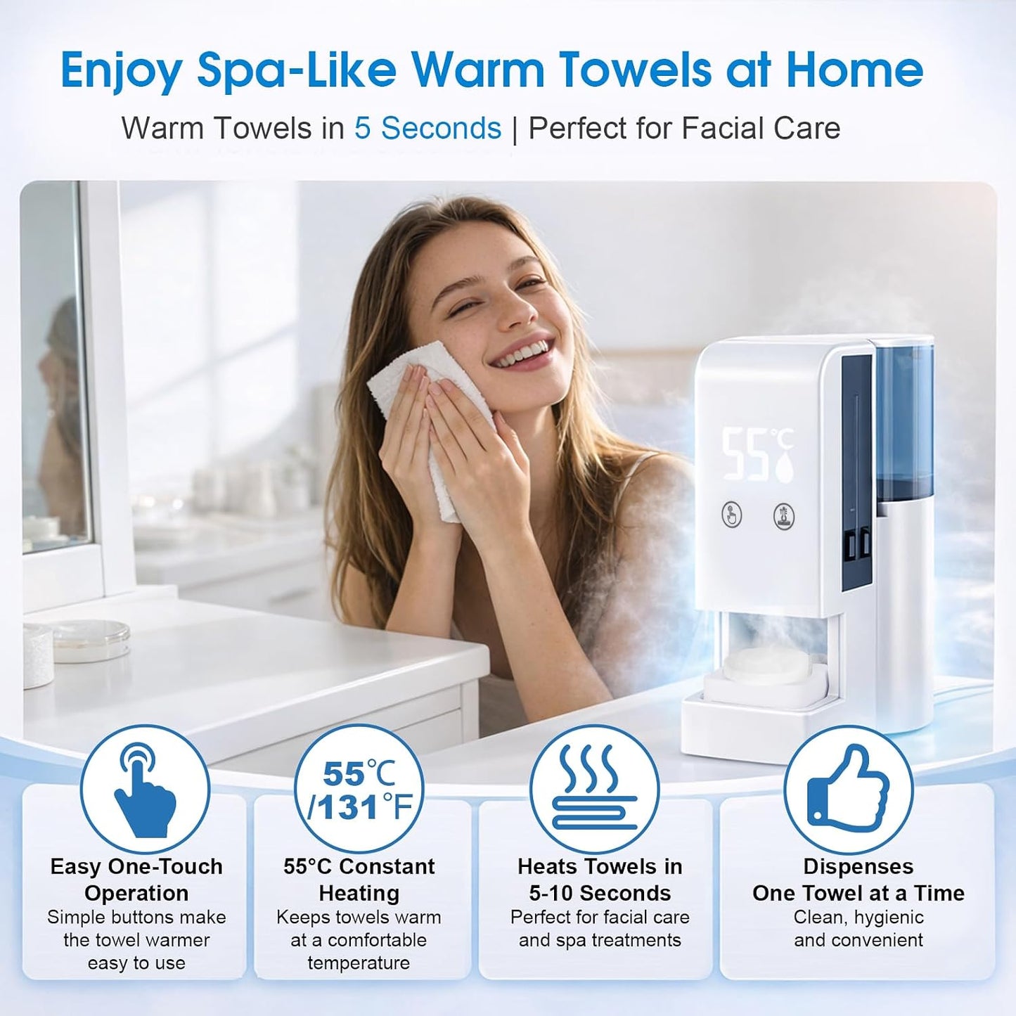 Automatic Hot Towel Dispenser - Upgraded Facial Towel Warmer with 5s Instant Heat | 55°C (131°F) Voice Alert, Wall/Counter Use (100 Towels)