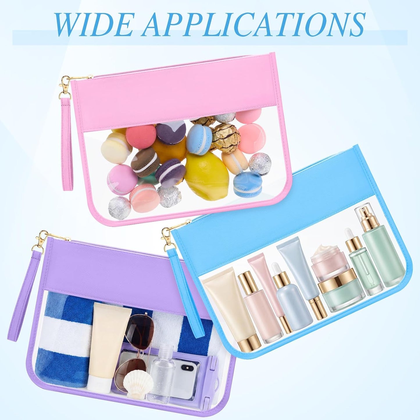 Clear Flat Zipper Pouches Set - 3 Pcs Waterproof Nylon Makeup & Snack Bags | Portable Travel Organizers (Pink, Blue, Purple)