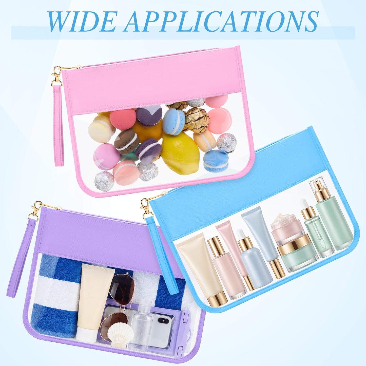 Sanwuta 3 Pcs Clear Flat Zipper Pouches for Travel Women, Nylon Waterproof PVC Makeup Snack Bags Set Organizer Portable Storage DIY Chenille Letter Beach Stuff Toiletry Gym (Pink, Blue, Purple)