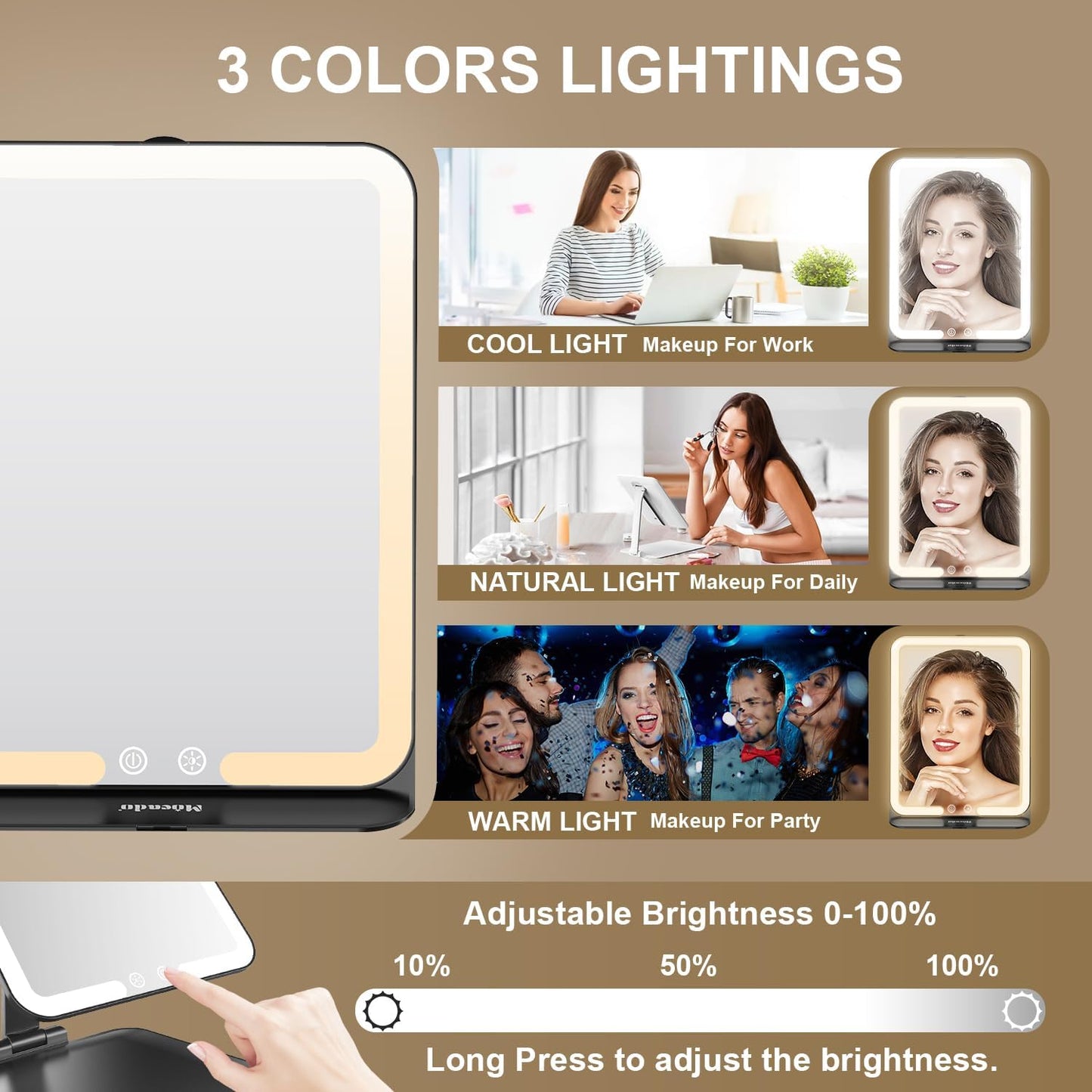 Mocado Travel Makeup Mirror - Lighted Triple Folding Vanity Mirror with 3 Color Settings | Rechargeable 1500mAh Battery, Adjustable Height & Angle (Black)