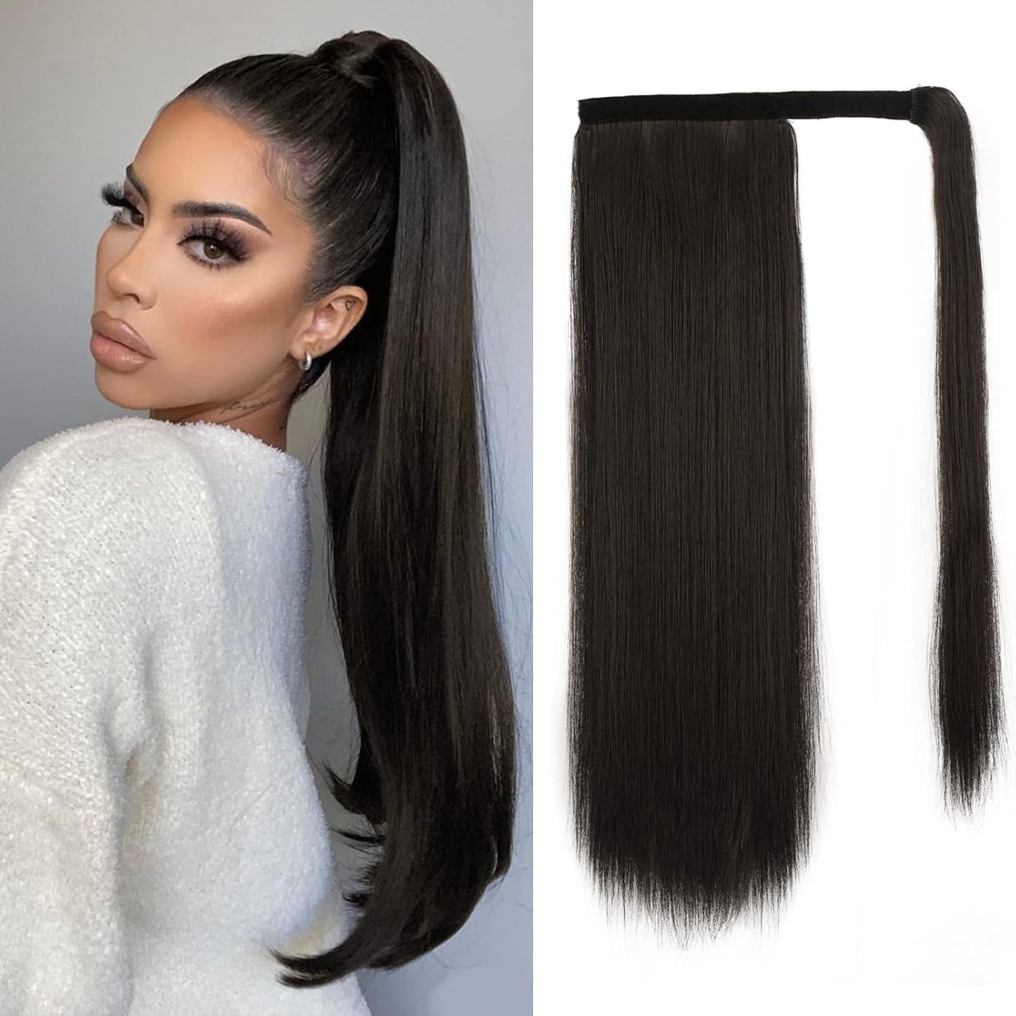 Dark Brown Straight Ponytail Extension - 28 Inch Clip-In Hairpiece for Women | Synthetic Wrap Around Style