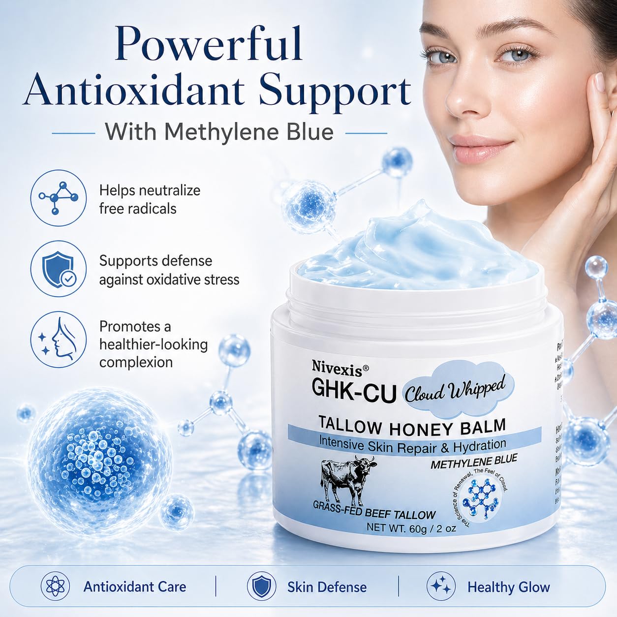 GHK-Cu Copper Peptide Balm - Grass Fed Beef Tallow & Manuka Honey Moisturizer for Mature Dry Skin | 2 Oz