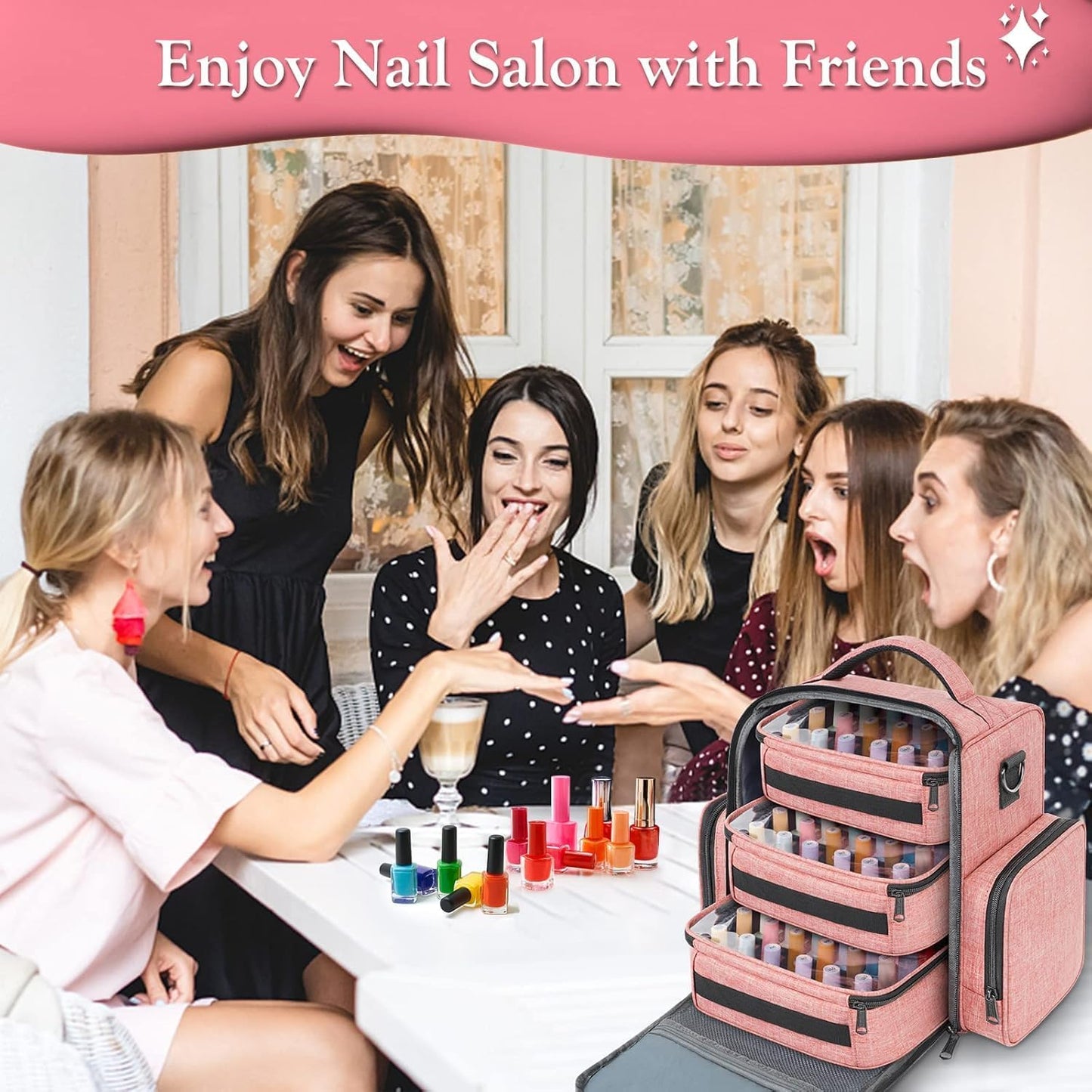 Nail Polish Organizer - Holds 72 Bottles | Large Carrying Case with 3 Removable Pouches & 4 Zippered Pockets for Manicure Tools
