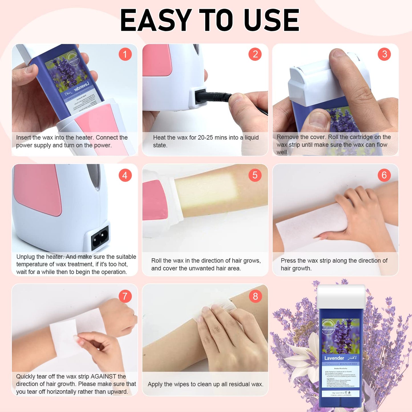 Roll on Wax Warmer Kit for Sensitive Skin - Roller Waxing Kit for Women & Men (Lavender)
