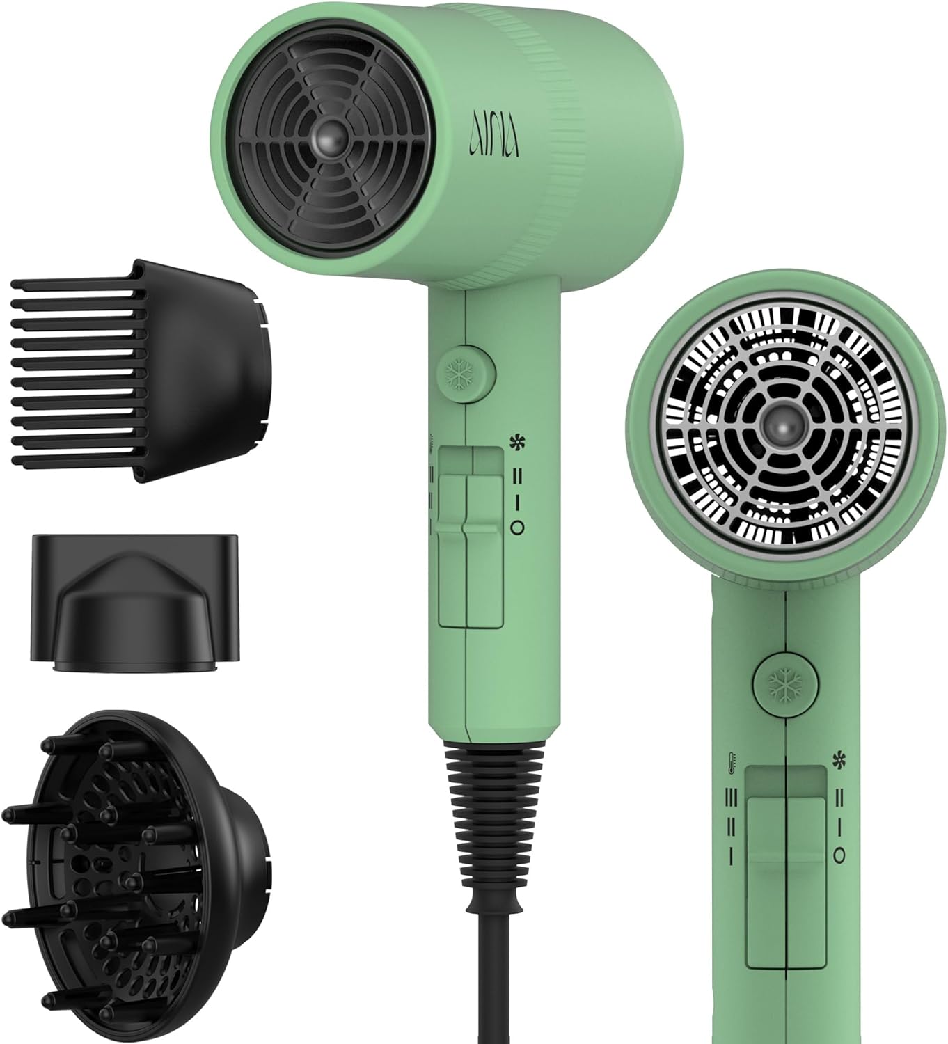 AINA Hair Dryer with Diffuser - Advanced Ionic Technology & Ceramic Coating | Fast Drying & Shine 110V/Ash Grey