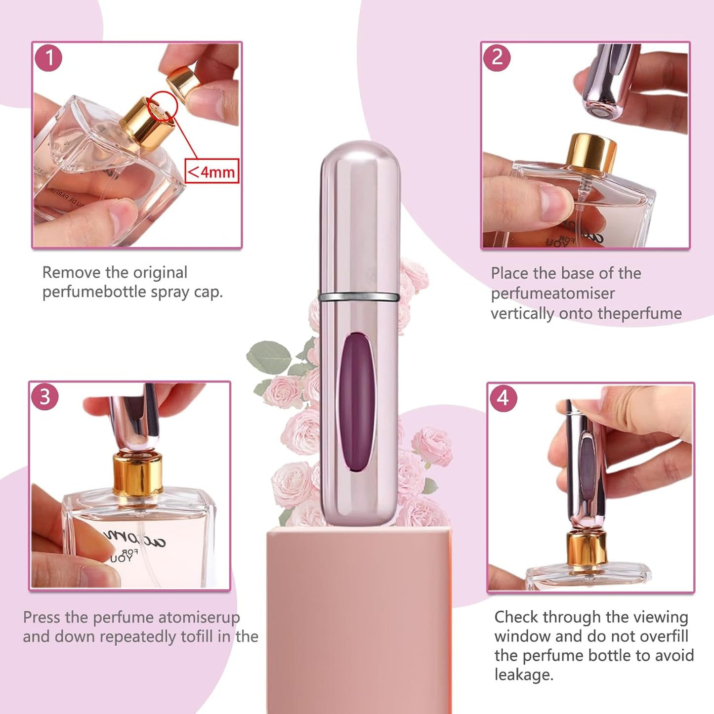 Mini Perfume Atomizer - 4 Pcs Refillable 5ml Travel Spray Bottles | Leak-Proof Design in Silver, Pink, Blue, Black