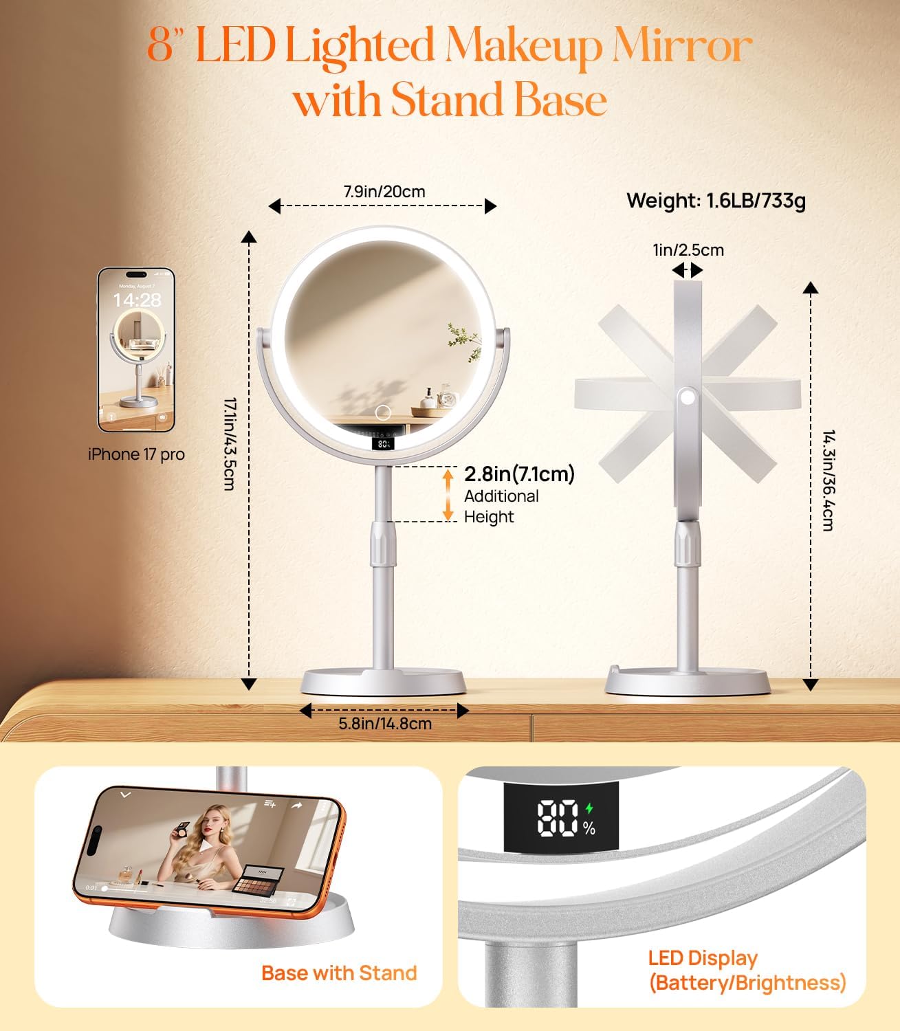 Lighted Makeup Mirror with 20X Magnification - Adjustable Height & Digital Display | Perfect for Makeup Desk & Bathroom