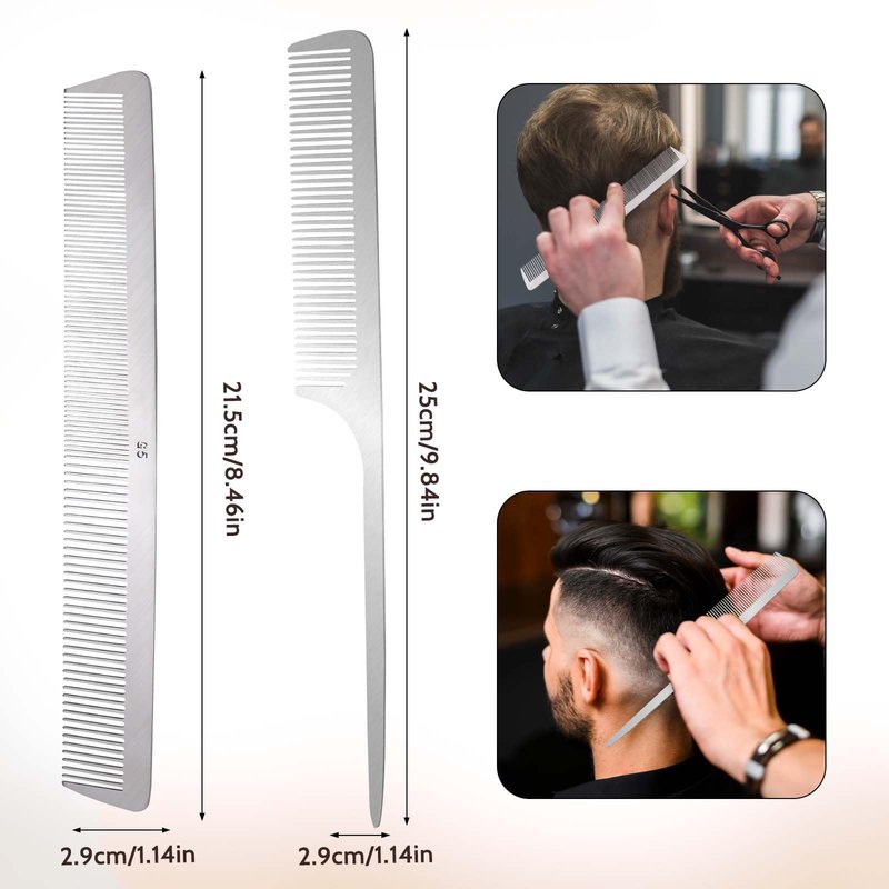2 PCS Stainless Steel Rat Tail Comb with Metal Pick and Flat Top Barber Comb for Hair Styling