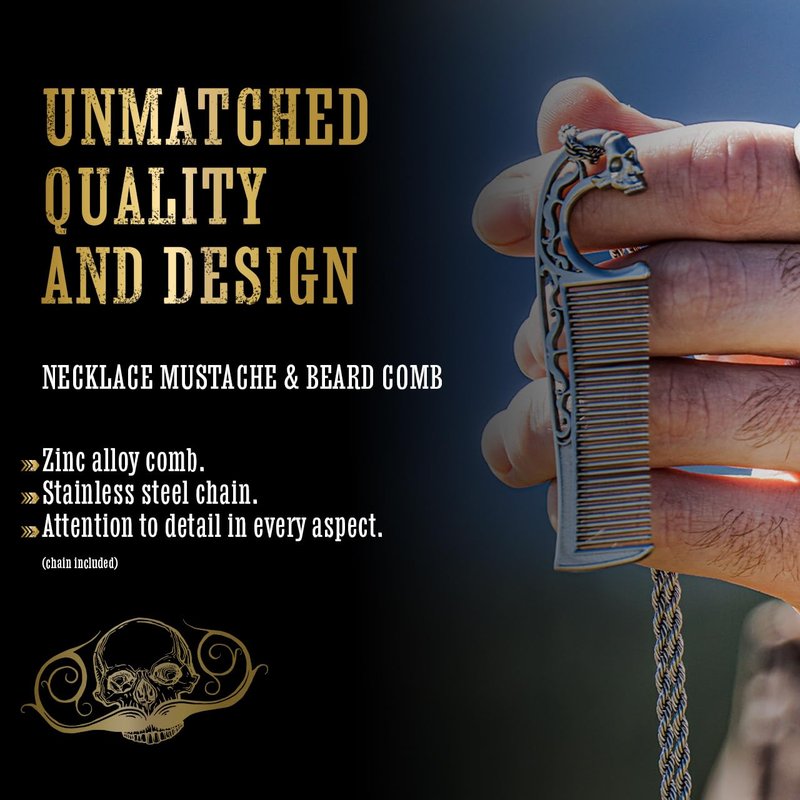 Mustache Wax Strong Hold Sudden Death 1 oz Tin & Necklace Death Grip Mustache Comb Mens Combo Kit - Grooming For Men Handlebar Moustache