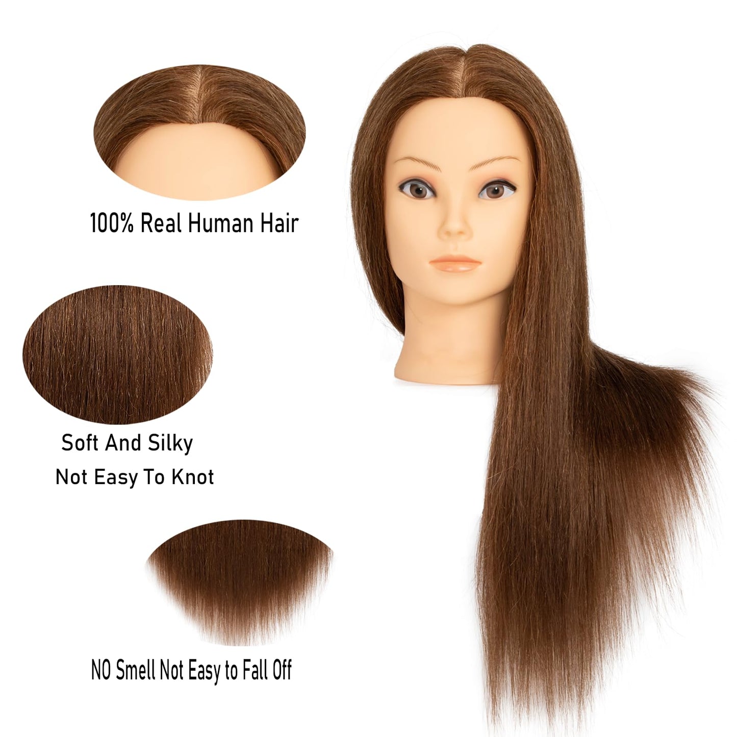 Mannequin Head 100% Real Human Hair, Cosmetology Human Hair Mannequin Head Hairdresser Practice Training Head (Brown)