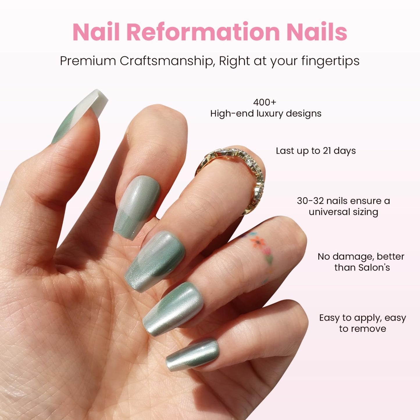 Nail Reformation Press On Nails, Tropicool | Green Short Coffin Fake Nails with Velvet Cat Eye in Glossy Finish, Salon Quality, Reusable Stick On Nails in 15 Sizes - 30 Nail Kit, Gifts for Women