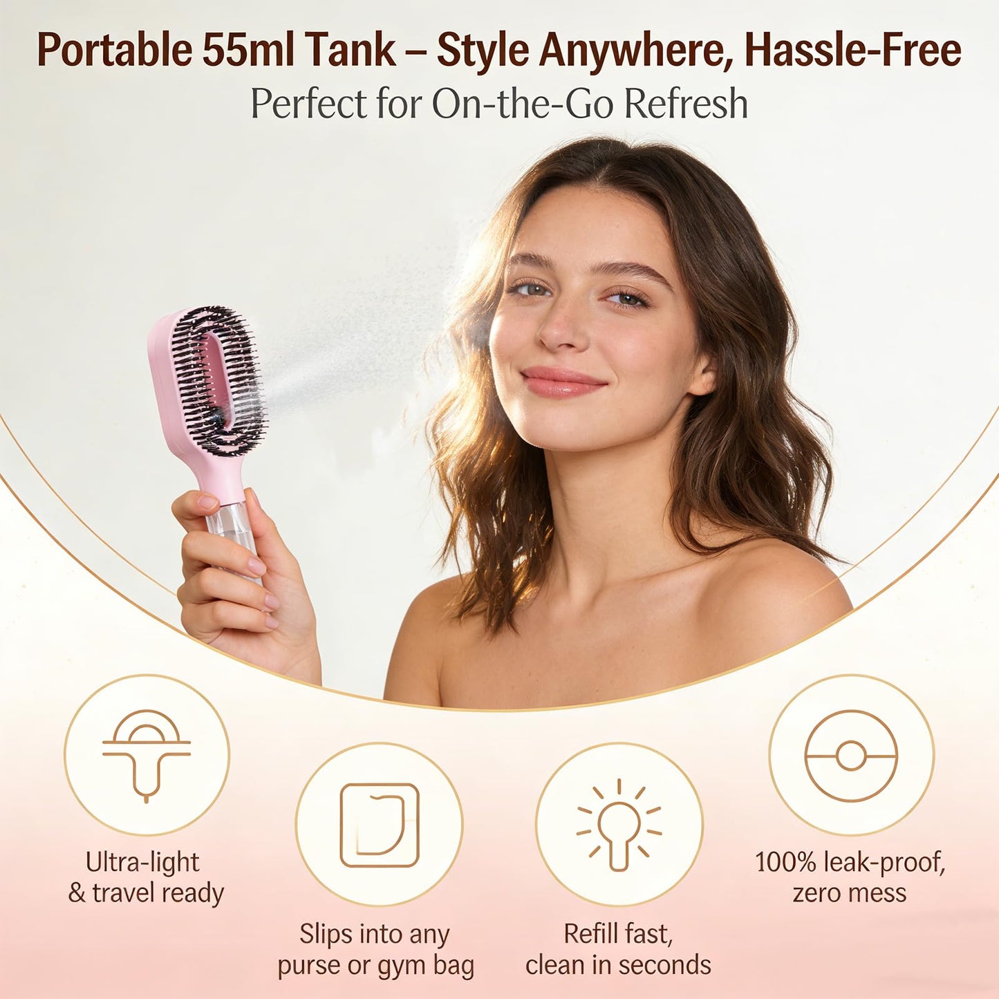 Hair Brush with Water Spray, 2-in-1 Detangling Tool for Frizz Control, Portable Water Hair Tool for Thick, Curly & Fine Hair, Fine Mist Styling Comb for Women & Girls(1 Pink)