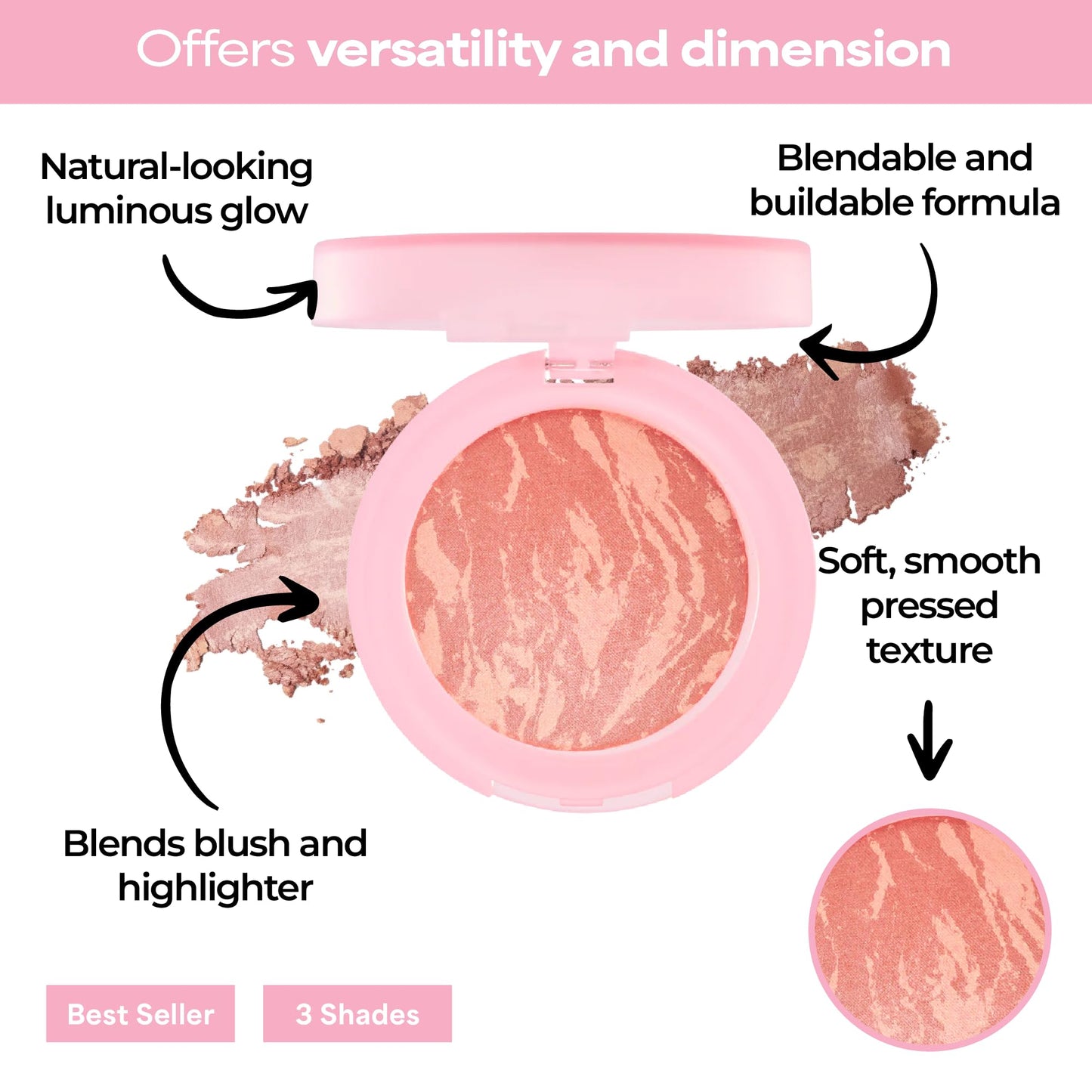 MCoBeauty Baked Blush - Rose Gold - 2-in-1 Luminous Cheek Color & Highlighting Powder - Marbled Buildable Pressed Blush with Jojoba Oil Squalane Hyaluronic Acid - Shimmer Makeup - Vegan & Cruelty Free