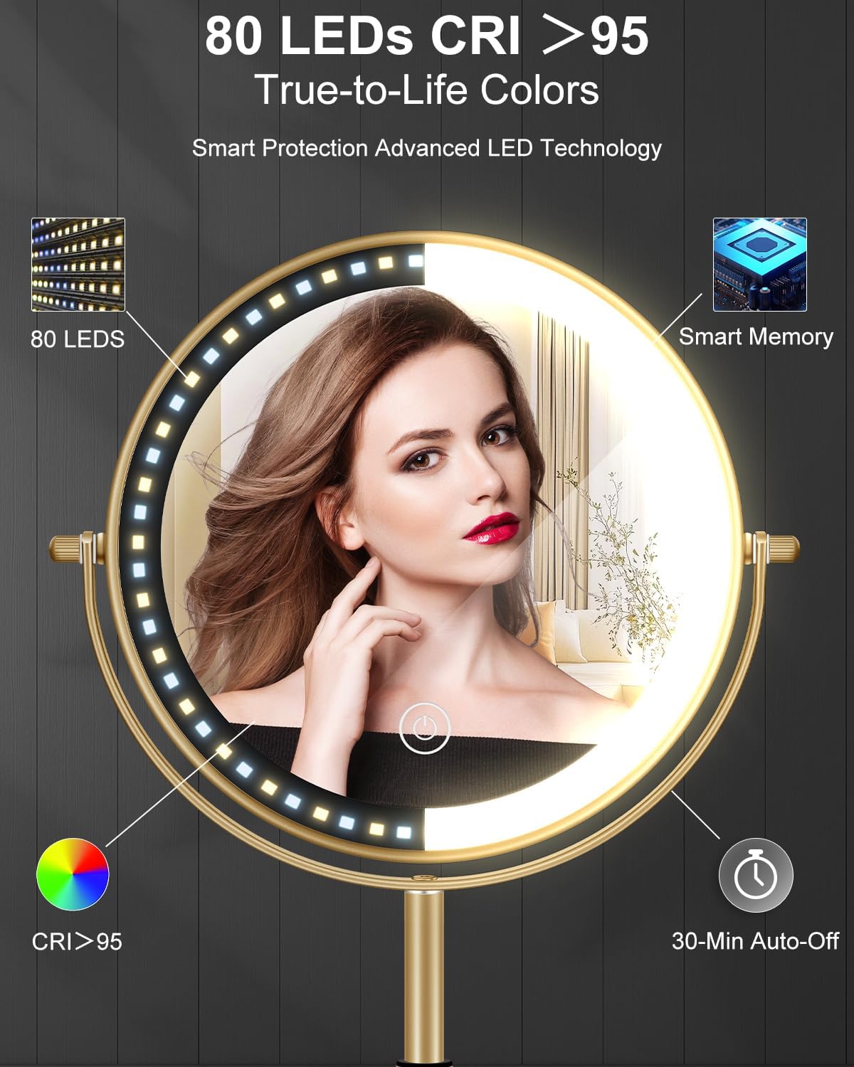 Lighted Makeup Mirror with Adjustable Height - 1X/30X Magnifying Double-Sided Vanity Mirror | 3000mAh Rechargeable, 3 LED Lighting Options for Women