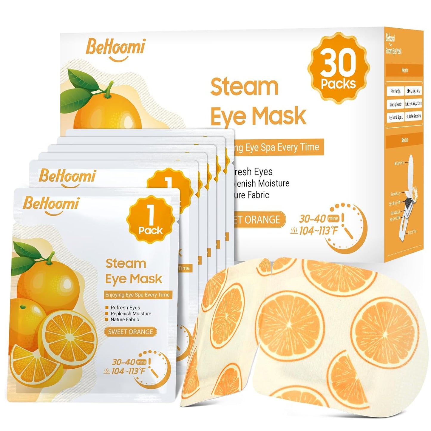 BeHoomi Heated Steam Eye Masks - 30 Packs of Disposable Warm Compresses for Relaxation | Unscented