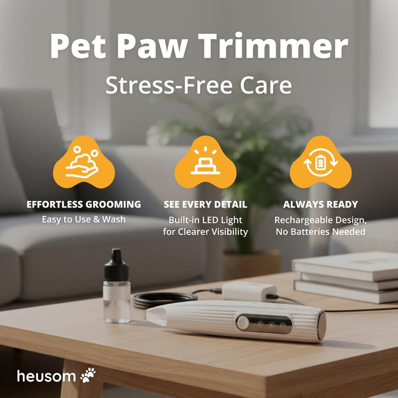 Heusom Silent Pet Paw Trimmer | Cordless Shaver for Dogs, Cats, Big & Small Animals with Light | Rechargeable Home and Salon Grooming Tool for Paws, Face, Ears, Butt