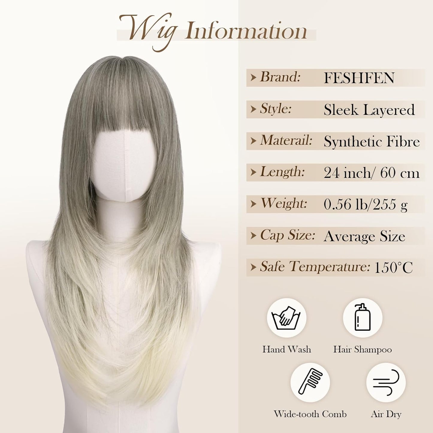 Straight Layered Wigs with Bangs for Women - Natural Synthetic 24-Inch Long Hair Wig for Daily Wear | Party Style