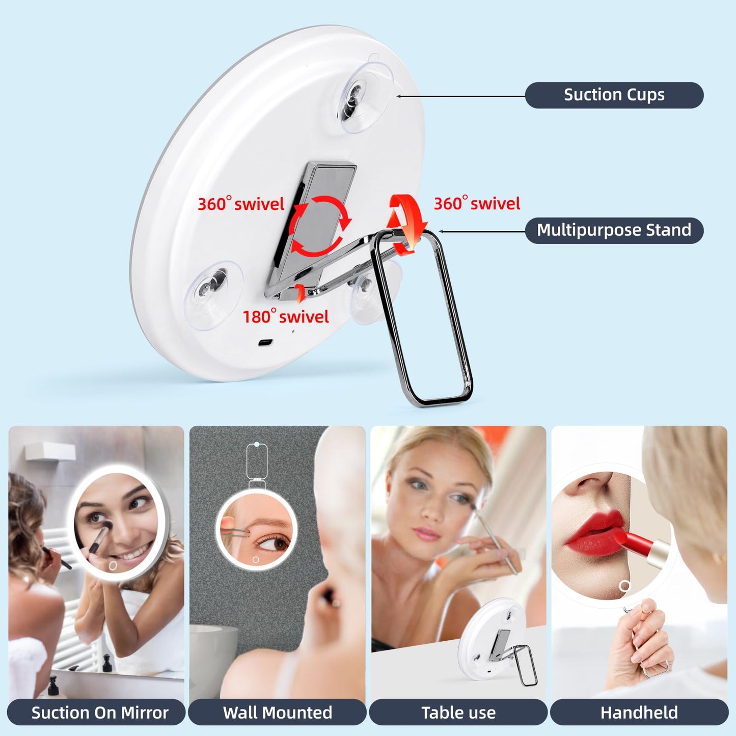 JJhxr 40X Magnifying Mirror with Lights, 6inch Compact Travel Size, 40X Lighted Makeup Magnification Mirror with 3 Suction Cups and 360° Adjustable Stand - Includes Tweezers & Scissors Set