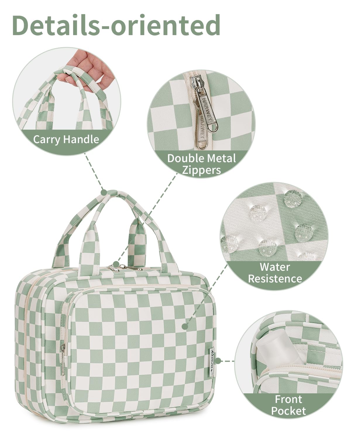 Narwey Hanging Toiletry Bag for Women Travel Checkered Makeup Bag Organizer Toiletries Bag for Travel Size Essentials, Accessories, Brushes, Cosmetics (Green Checkerboard (Medium))