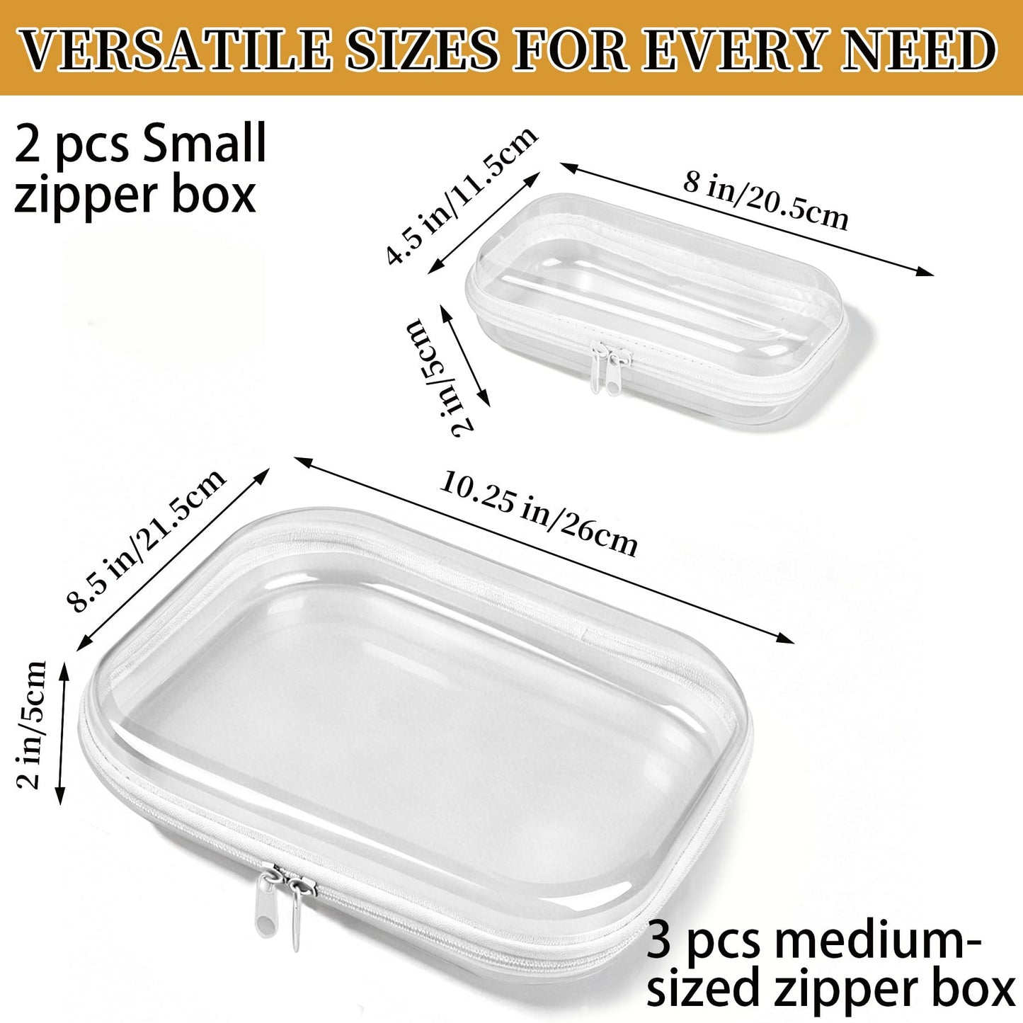 jayuwe 5-Pack Clear Hard Shell Zipper Case With Lids – 3 Large and 2 Small Clear Pencil Case, Stackable,Zipper Pouches Hard Shell for Cosmetics, Charging Cables, Sketch Supplies
