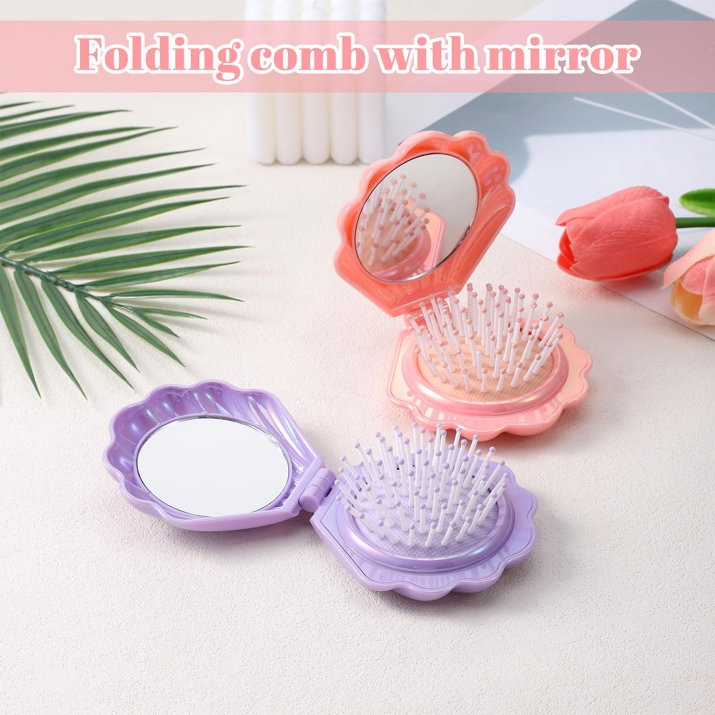 2 PCS Shell Foldable Travel Hair Brush with Mirror, Portable Iridescent Shell Folding Hair Brush Compact Travel Size Pocket Hairbrush Metallic Shinning Mini Massage Comb for Women (Purple, Pink)
