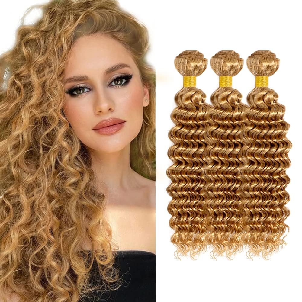 24 26 28 Inch Color 27 Bundles Honey Blonde Deep Wave Bundle Human Hair 3 Bundles Unprocessed Virgin Hair Blonde Bundle Hair Weave 300g