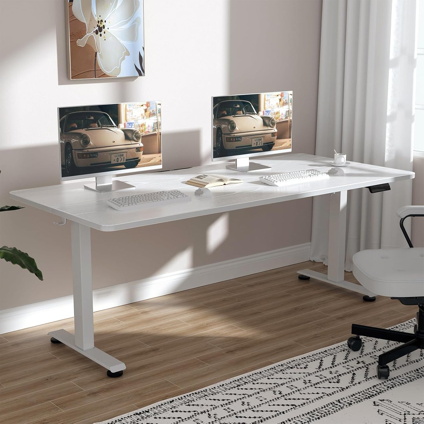 Veken Electric Standing Desk - 55 Inch Height Adjustable Home Office Table | White Wooden Desktop for Work & Study