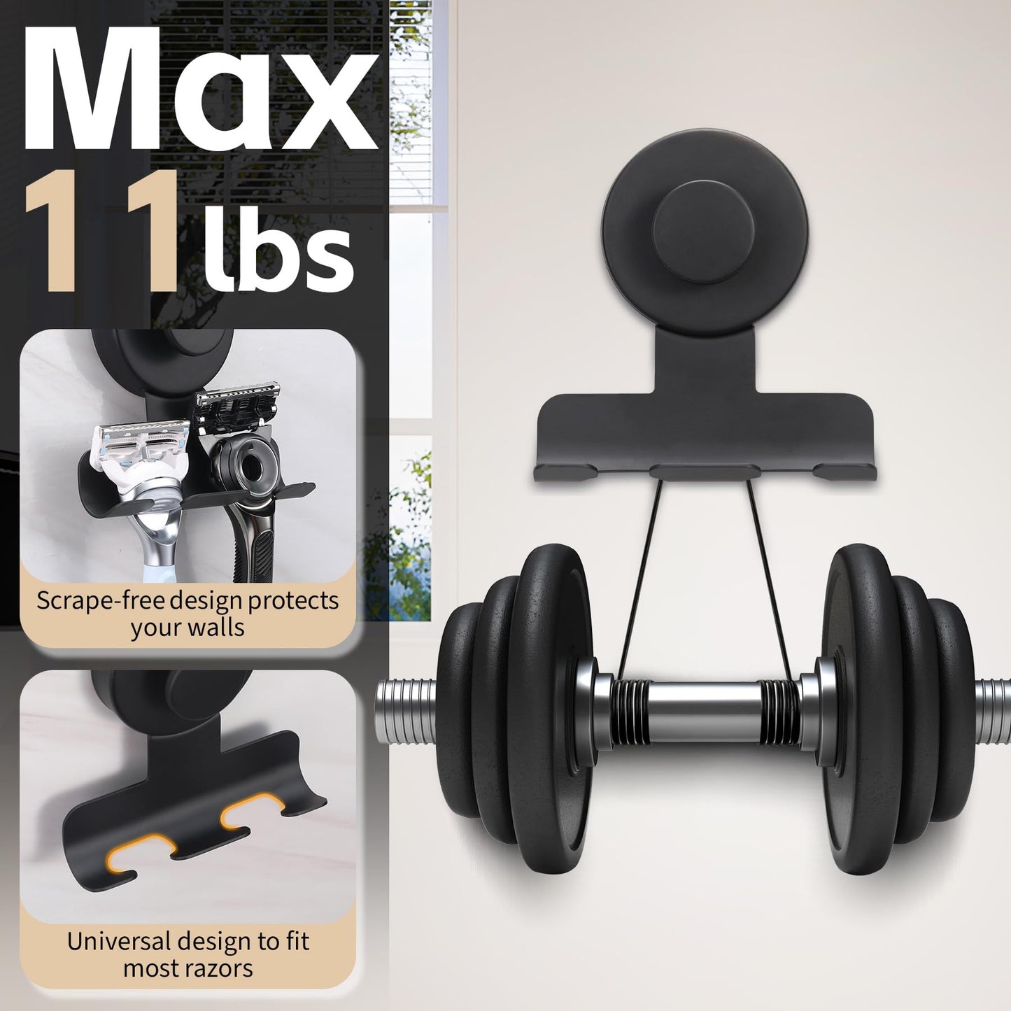 Fenas Suction Cup Razor and Shaver Holder for Shower Wall, Stainless Steel Reusable Suction Hook for Towel and Loofah, Damage-Free Installation (2, Matte Black)