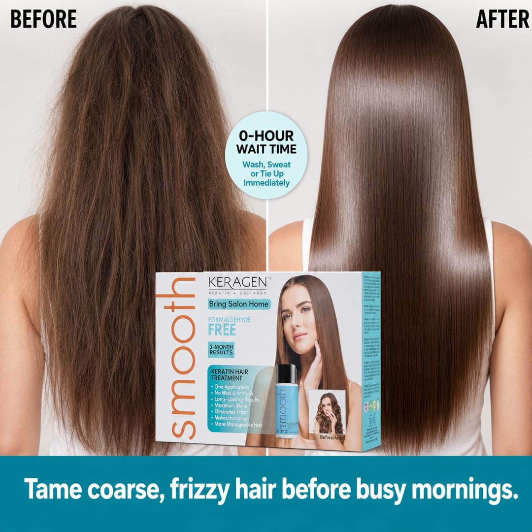 KERAGEN At-Home Keratin Smoothing Treatment Kit – Formaldehyde-Free Express Blowout for Coarse & Frizzy Hair | 0-Hour Wait Time, Instant Wash-Ready Formula | Cruelty-Free, Made in USA | 2 oz