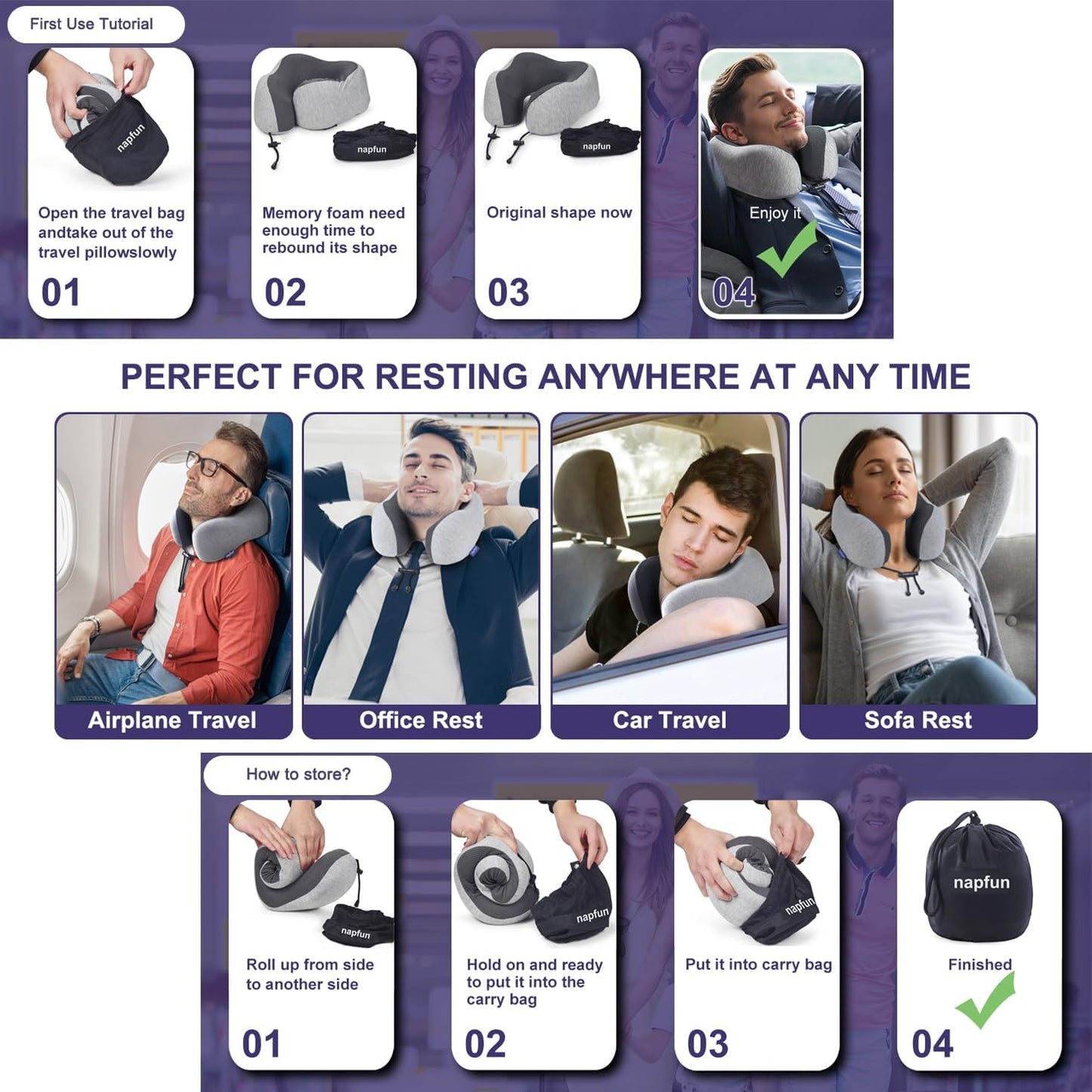 Napfun Travel Neck Pillow - Upgraded 100% Pure Memory Foam | Light Grey Comfort for Airplane Sleep