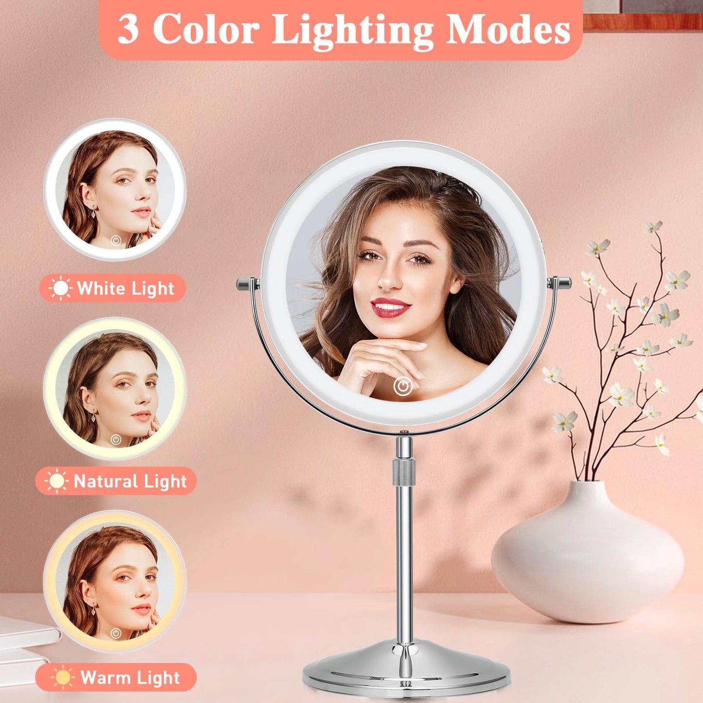 KuMers Lighted Makeup Mirror with Magnification, 10X 8’’Rechargeable Double Sided Vanity Mirror with Lights Magnifying Makeup Mirror with 3 Color Light with 360° Rotation, Detachable Base