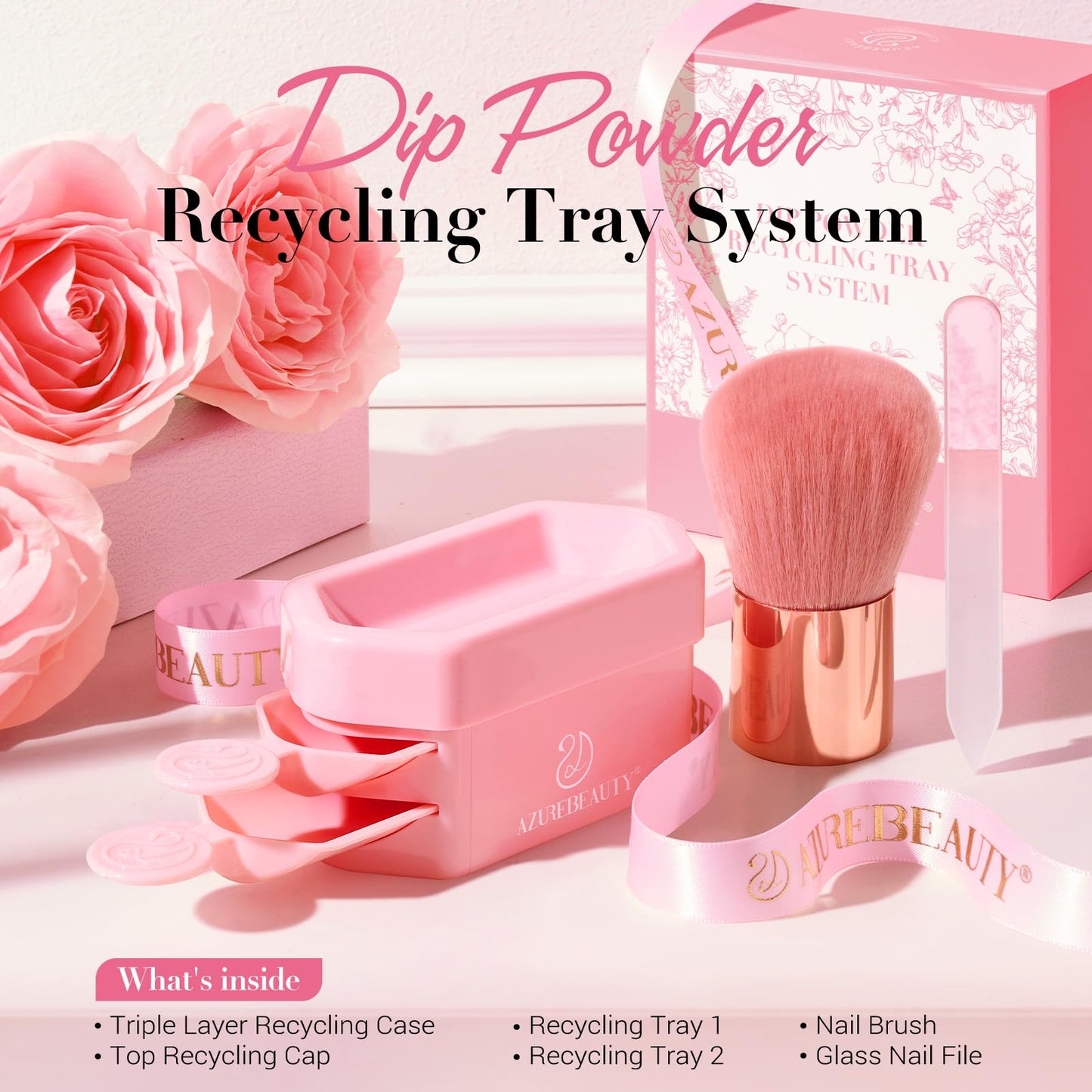 AZUREBEAUTY Dip Powder Recycling Tray System, Triple Layer Recycling Case Nail Dip Powder Container with Nails Tool Nail Brush Glass Nail File, French Nail Art Manicure Essential Tool