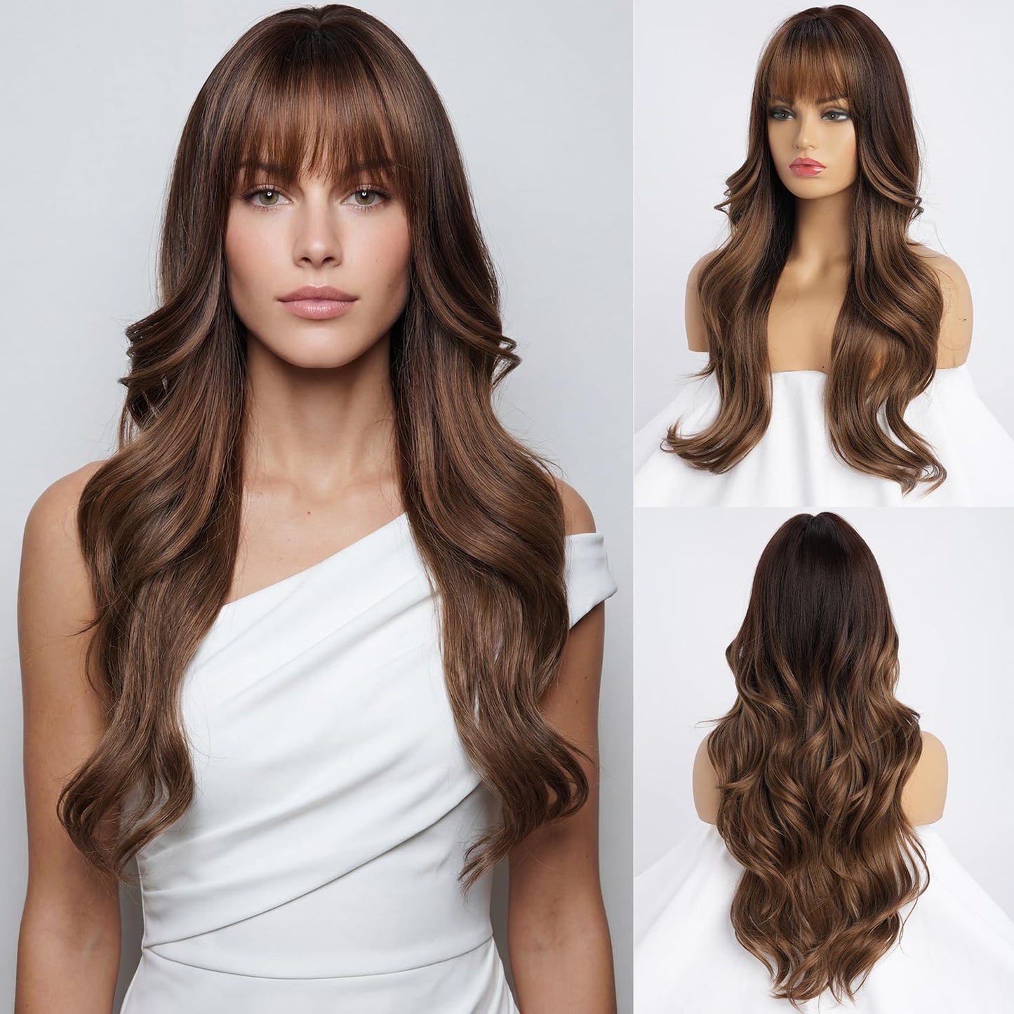 Long Black Wig with Bangs - Medium Length Wavy Layered Style | Heat Resistant Synthetic Hair (28 Inches)