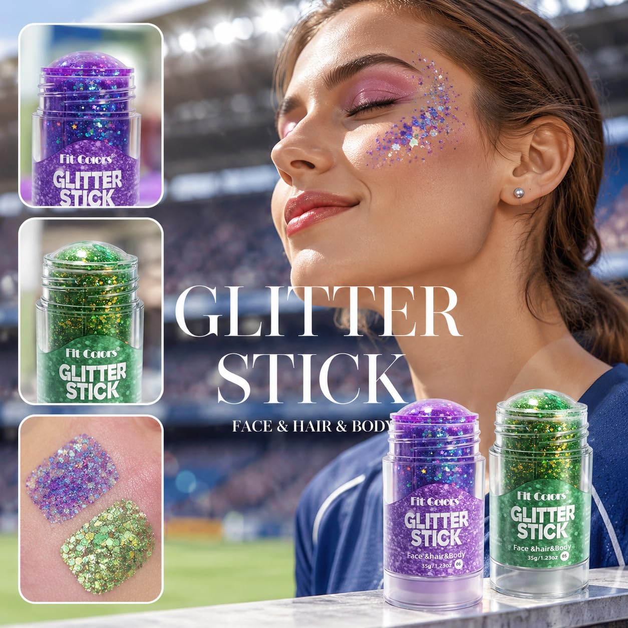 Red White Blue Glitter Stick – Sparkling Hair & Face Glitter Gel, Sequins Glitter Face Paint for Concerts, Rave Accessories, Chunky Sequins Mermaid Style, Halloween & Festival Body Art