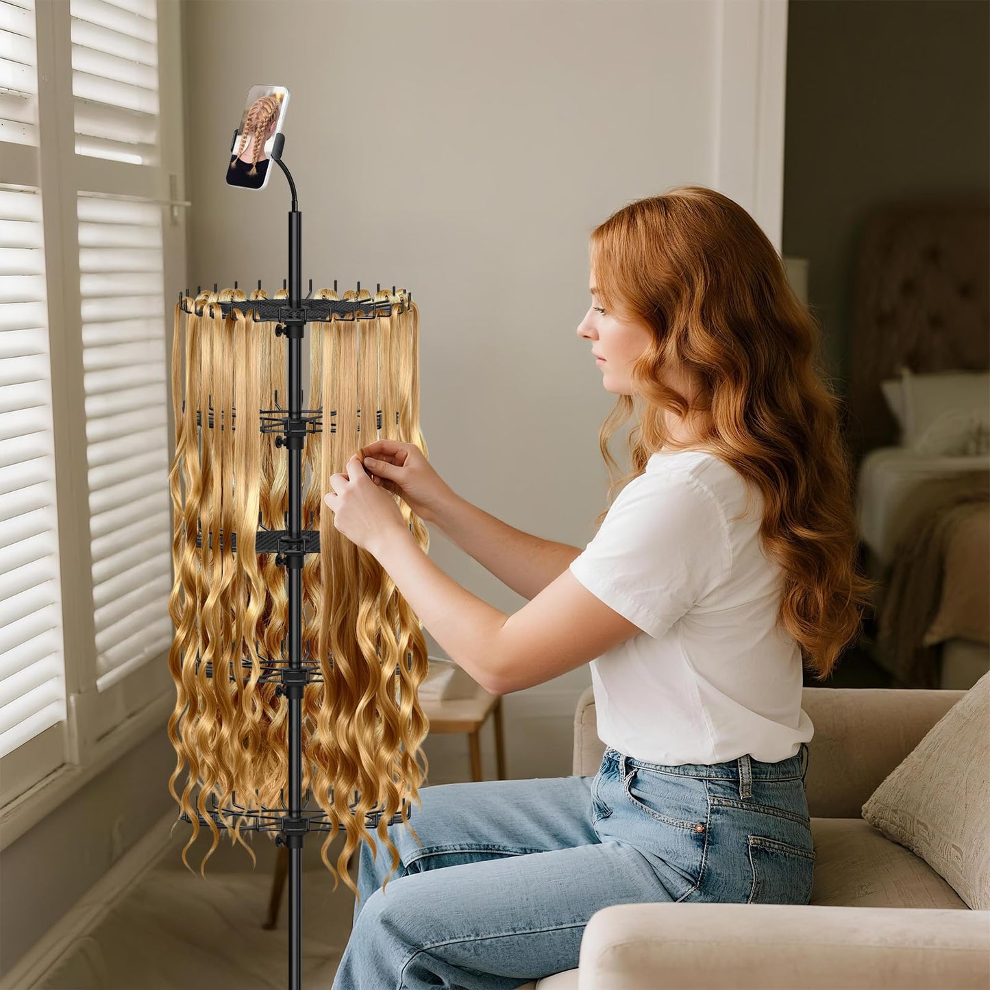 Braiding Hair Rack - Hair Racks for Braiders Standing With Tray and Wheels,140 Pegs Divider Stand & With Phone Holder Adjustable Rotation Hair Stand for Hair Stylist / Salon / Home User (Black)