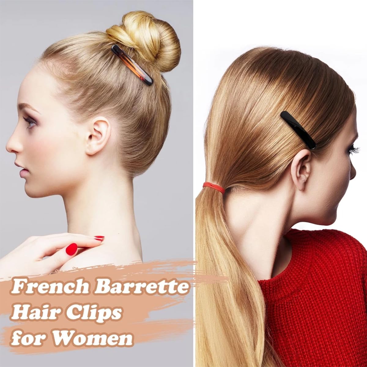 4PCS Tortoise Shell Hair Clips for Women, Oval Classic French Hair Barrettes, Curved Glossy Hair Accessories for Women Thick Long Hair