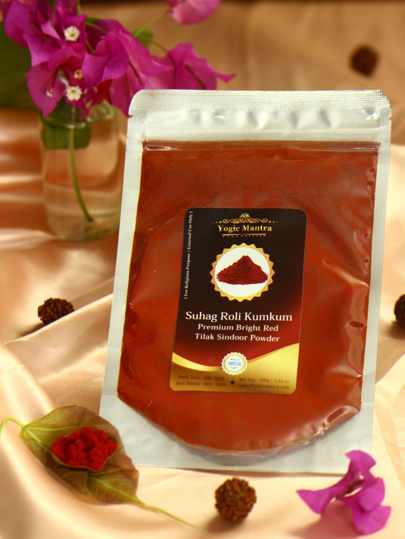 Yogic Mantra Kumkum Powder (100g Resealable Pouch) Bright Red Color Suhag Roli Sindoor Ceremonial Mark Lal Sindur Laxmi Devi Hindu Pooja Bridal Tilak Suhag Tikka Indian Rakhi Puja Religious Ceremony