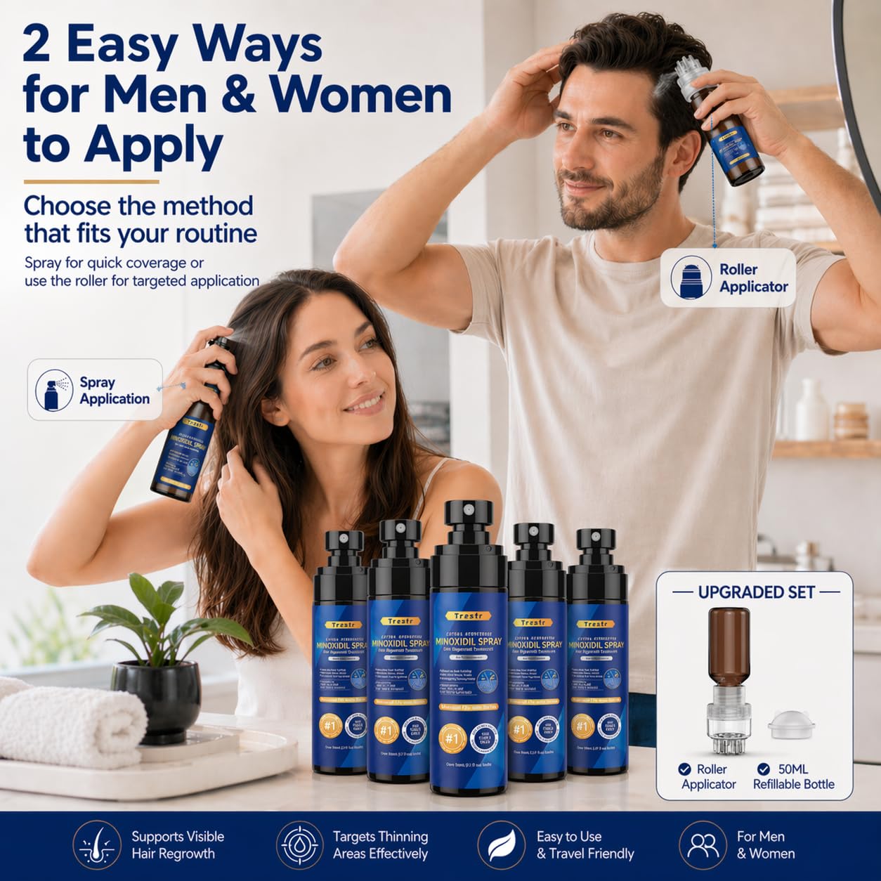 5% Minoxidil Spray for Men & Women with Roller Applicator, 5 Pack Hair Regrowth Treatment Infused with Biotin, Direct Bottle Connection for Precise Scalp & Beard Application, 16.9oz 8 Month Supply