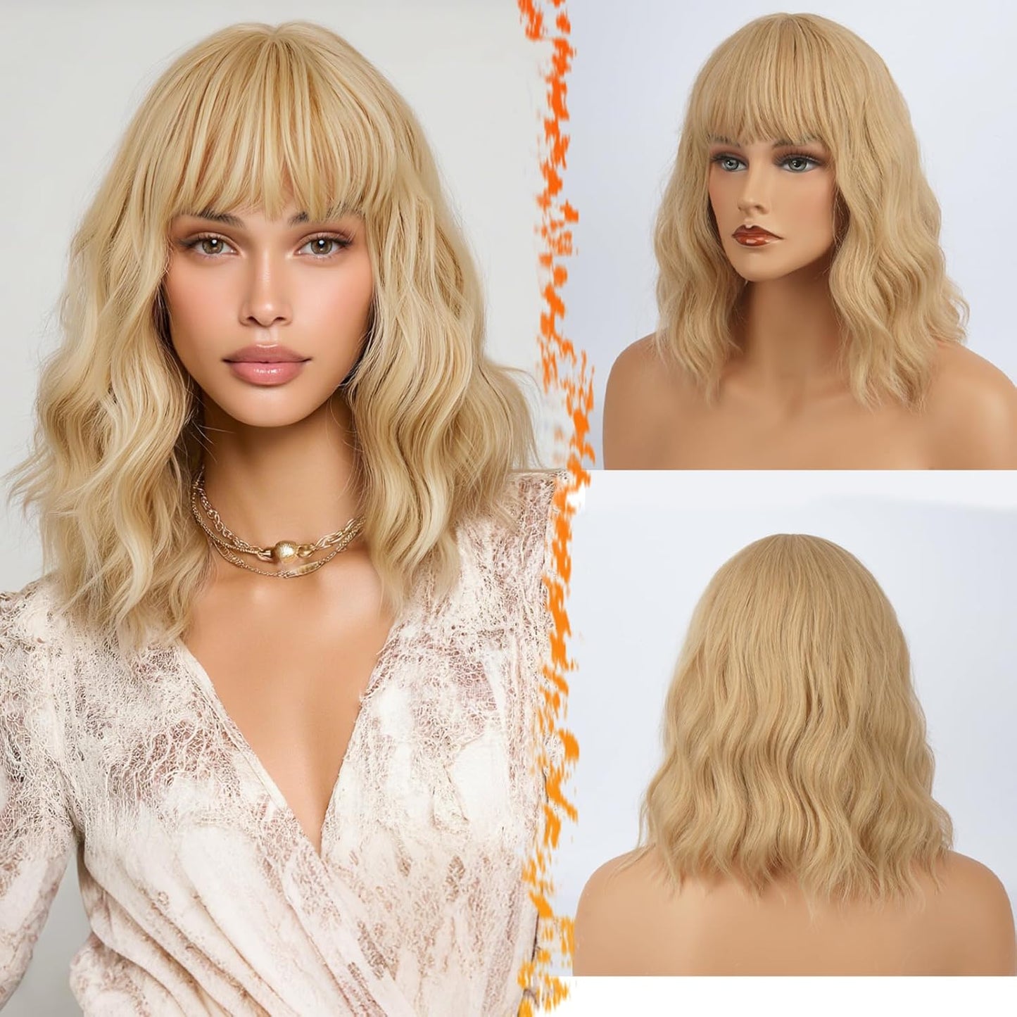 Long Wavy Blonde Curtain Bangs Wig - 26" Synthetic Ombre Wig with Dark Roots | Soft Natural Look