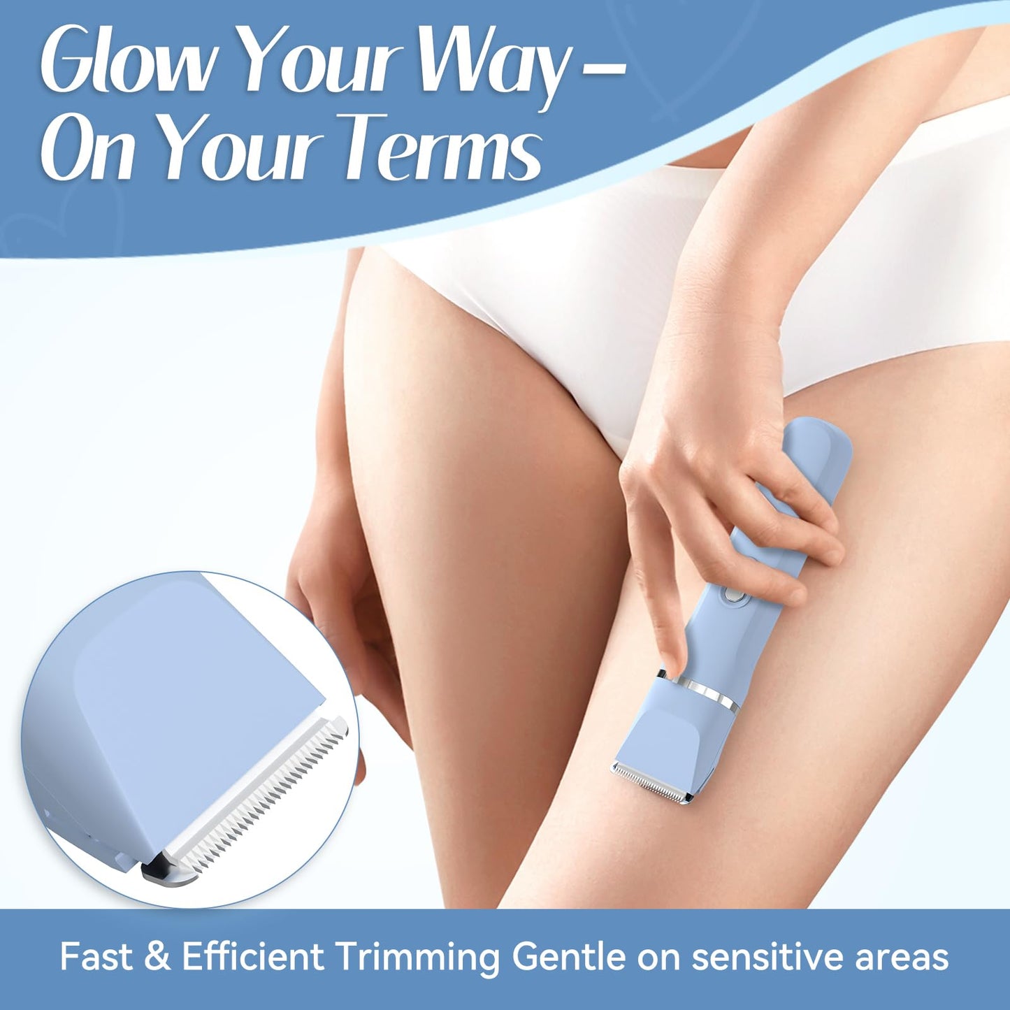 5-in-1 Bikini Trimmer for Women, Electric Razors Shaver IPX7 Waterproof, Cordless Body Hair Trimmer, Ceramic Blade, Facial & Pubic Hair Removal, Travel Portable (Blue)