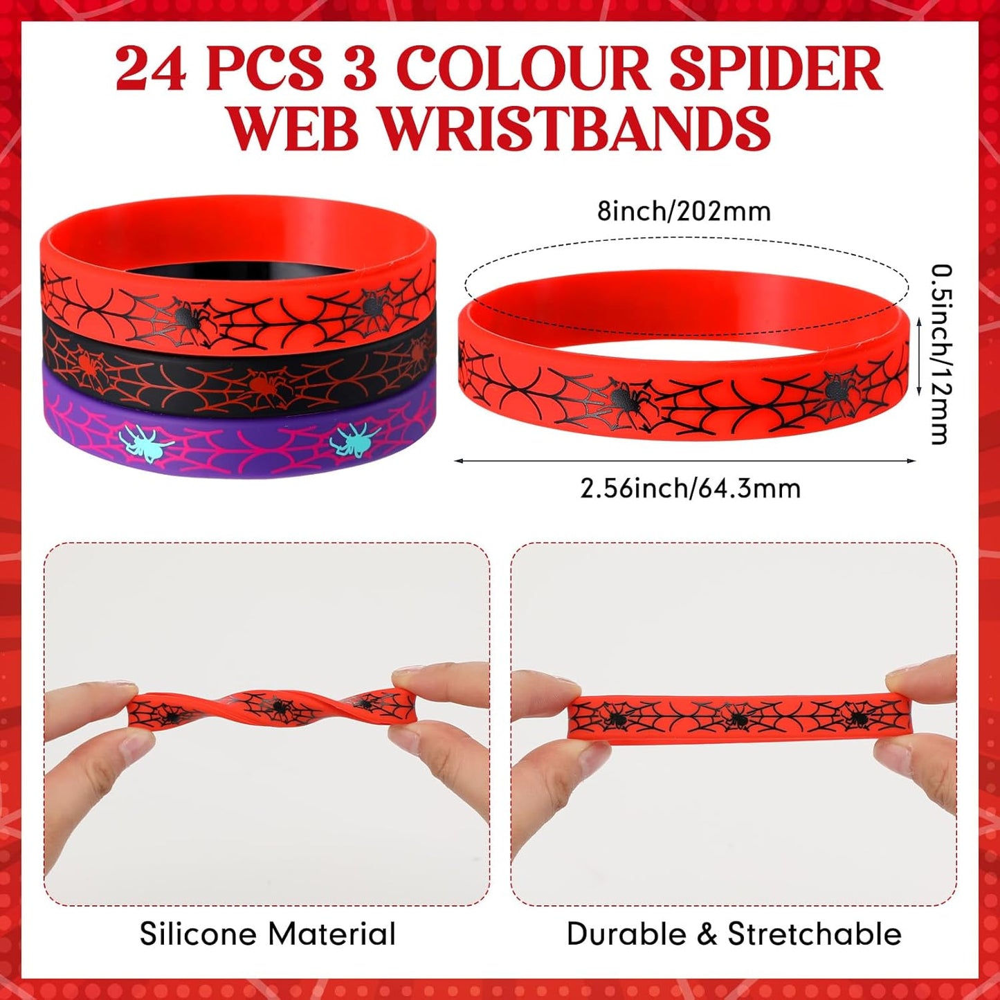 Spider Web Sunglasses - 24 Pcs Silicone Wristbands for Spider Birthday Party | Black, Red, Blue