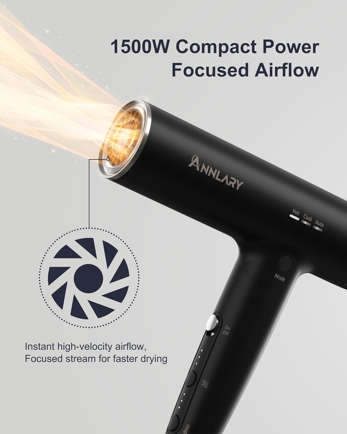 Annlary Hair Dryer - Ionic Blow Dryer with Diffuser for Curly Hair | Low Noise, Foldable Travel Design | 6.5Ft Cord, Magnetic Nozzle