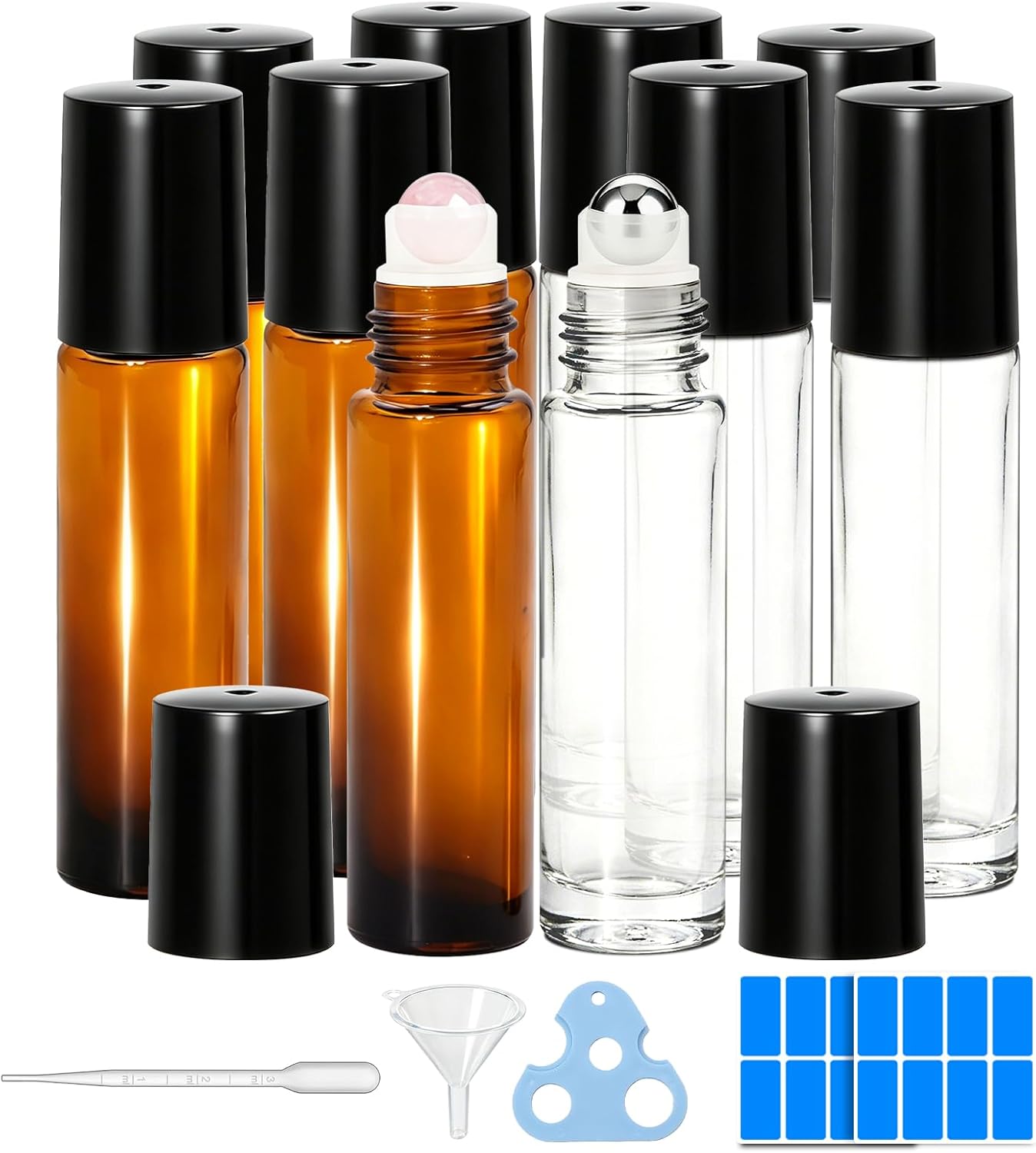 Essential Oils Roller Bottles - 10 Pack 10ml Leakproof Amber & Clear Glass | Rose Quartz & Stainless Steel Balls for Perfume & DIY